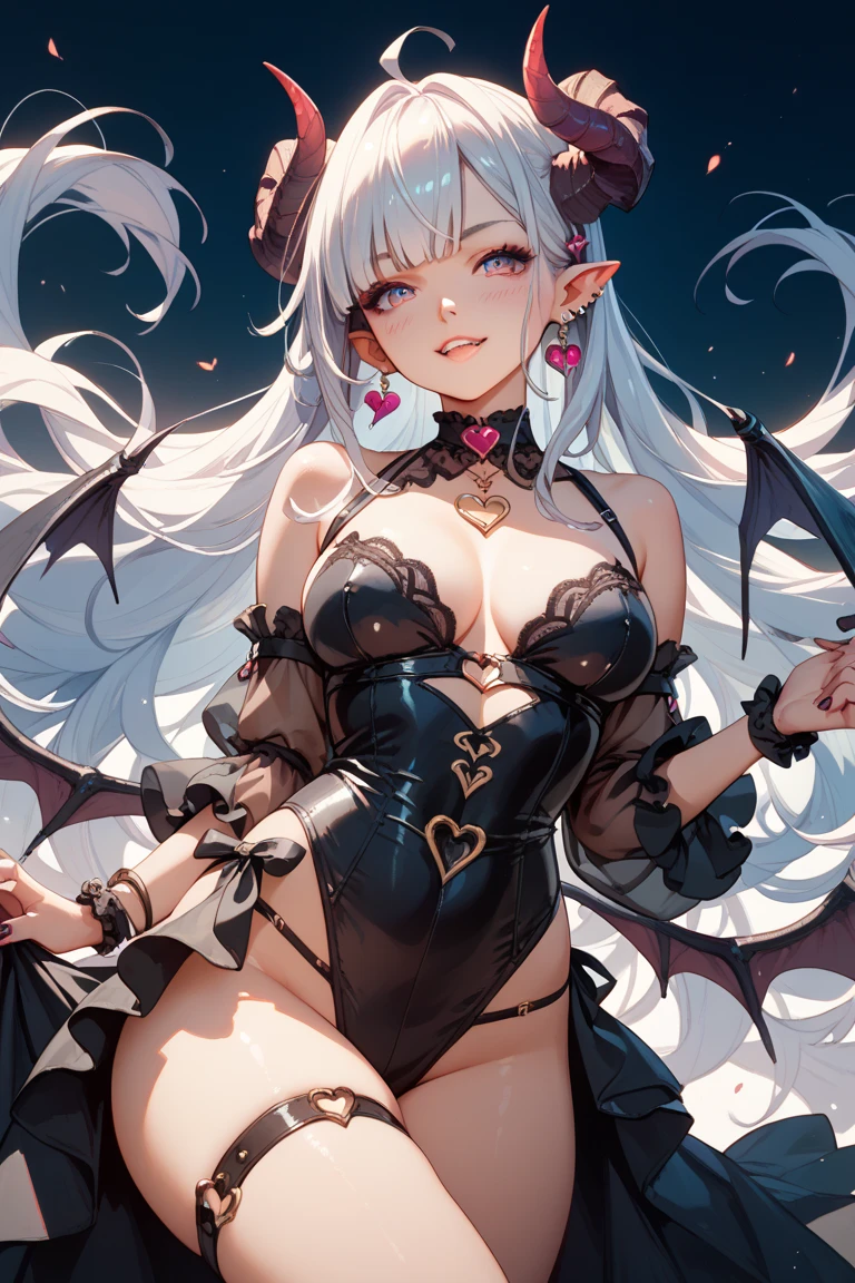 (((1 demoness))), ((detailed blue eyes)), ((long silver hair)), , curvy , perfectly drawn body,  smile, white dress, adorned with blue roses, casting spells, best quality, masterpiece, ultra-detailed