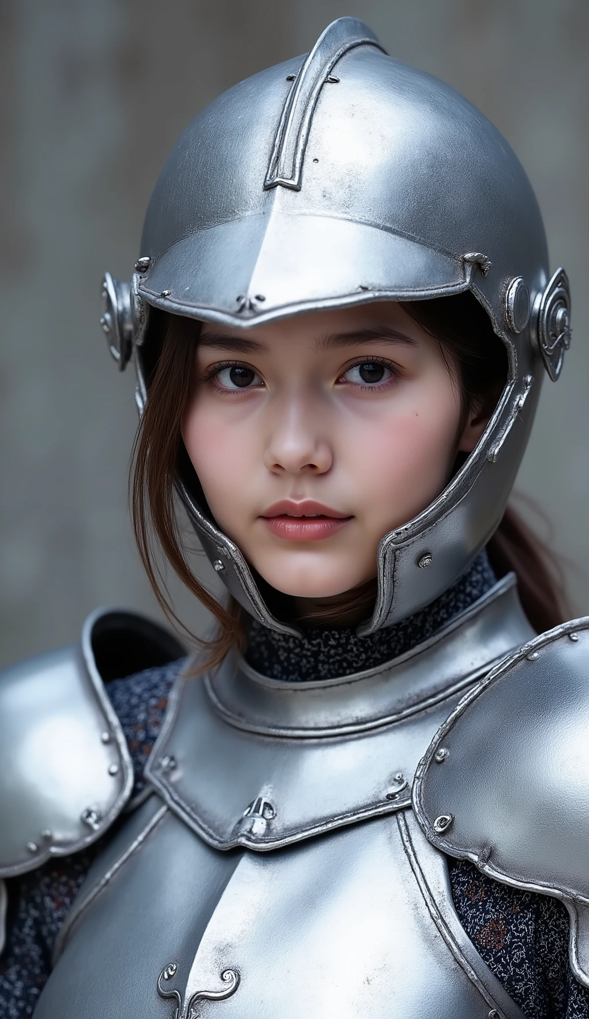 neat young woman wearing luxurious silver armor、、female knight、wears a helmet on his head、full-face helmets、、、looking at camera、looking directly in front、、、face close-up、grey background、