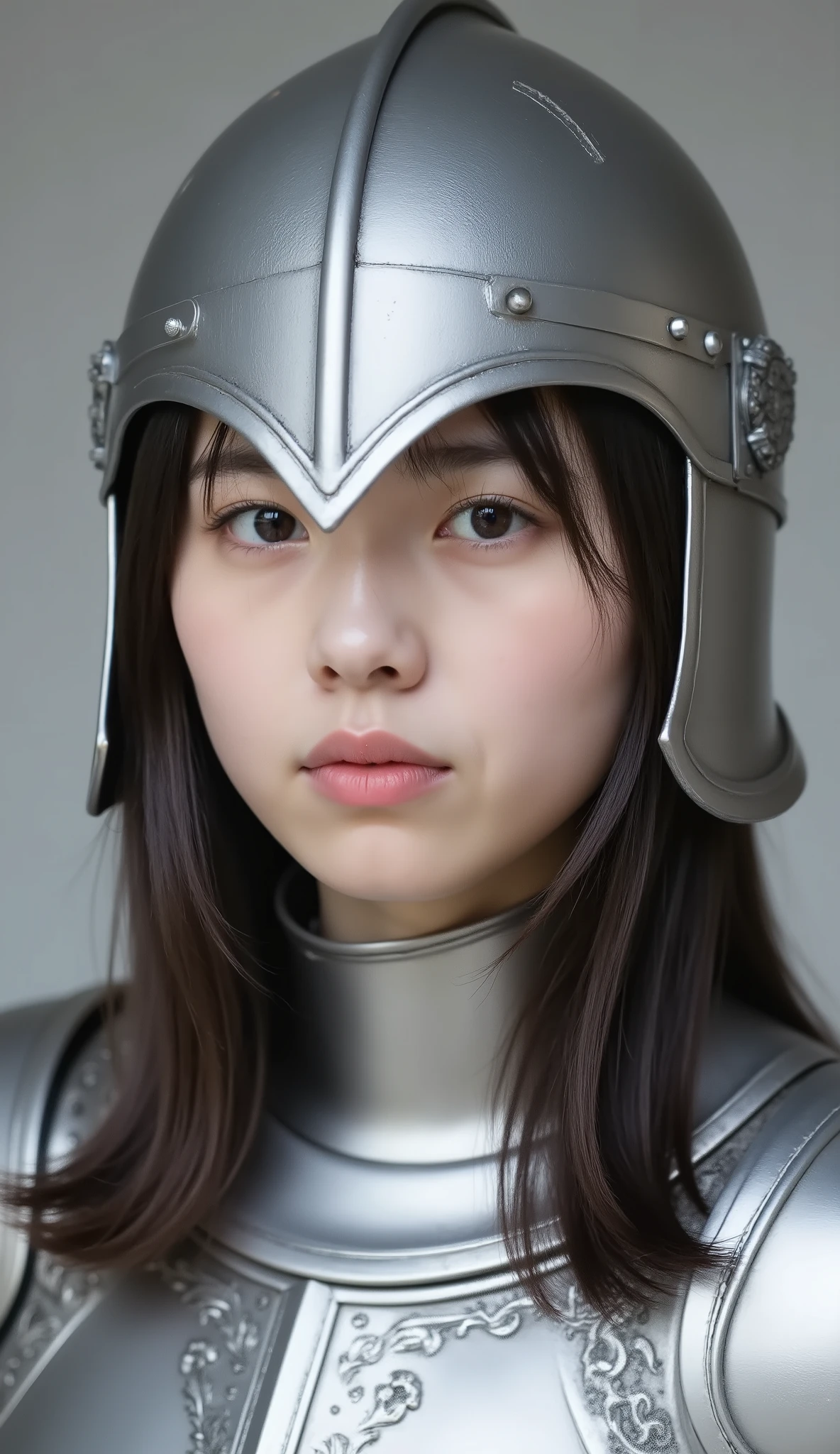 neat young woman wearing luxurious silver armor、、female knight、wears a helmet on his head、full-face helmets、、、looking at camera、looking directly in front、、、face close-up、grey background、
