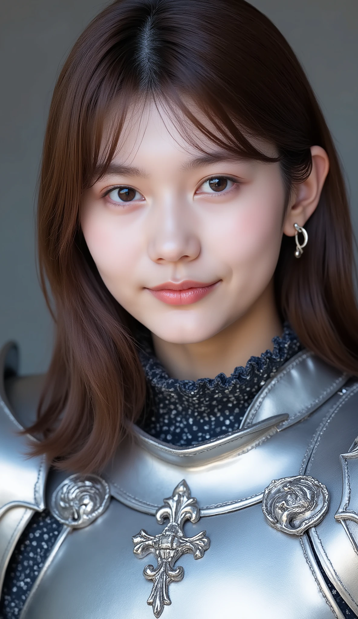 neat young woman wearing luxurious silver armor、、female knight、、漆黒の髪、、ear piercings、looking at camera、looking directly in front、怒り顔、口を閉じている、への字口、、、face close-up、grey background、