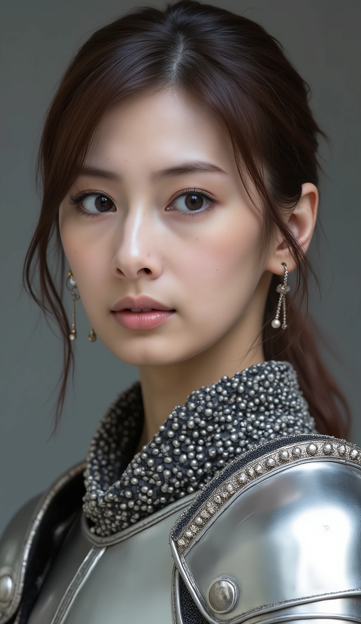 neat young woman wearing luxurious silver armor、、female knight、、、ear piercings、looking at camera、looking directly in front、前髪あり、怒り顔、、口を閉じている、、face close-up、grey background、