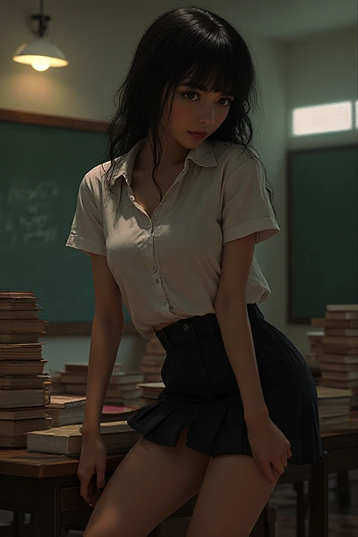 with the same person, she must be in school uniform with a low neckline