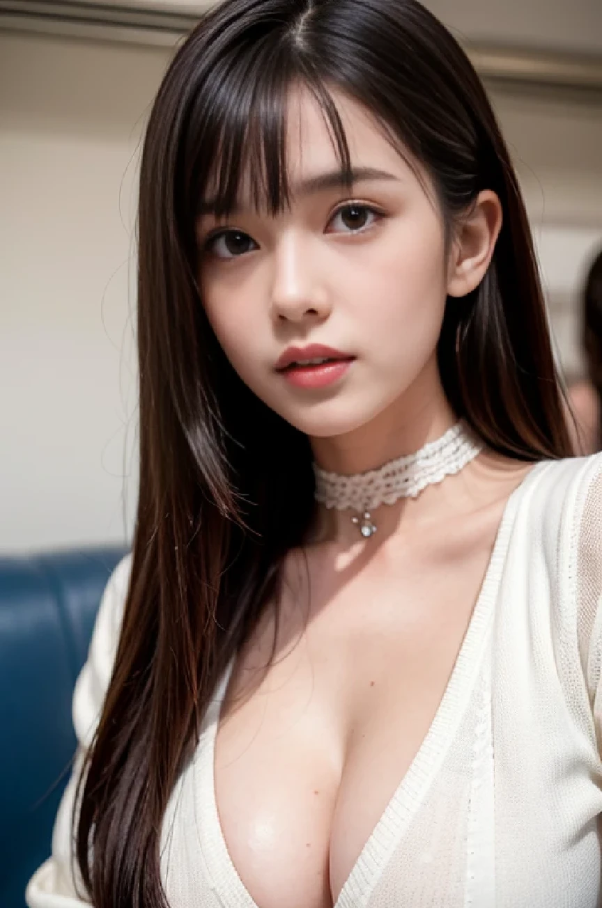 ((perfect )), (photo realistic), (very aesthetic), (highres), (detailed eyes), (top quality), (Realistic), (Super Detailed), (masterpiece), (top quality), (very detailed), (ultra detail), (Super detail), score_8_up, high res image, masterpiece, best quality, (realistic, very awa, very aesthetic, newest, depth of field:1.1), delicate linework, beautiful detailed skin, intricate detailed clothes, 1girl, High resolution, clear face, symmetrical eyes, proportions like a Sports Illustrated model, shy, looking to the side, , cleavage, black hair, choker, black choker, shirt, white shirt, bangs, long hair, parted lips, long sleeves, blush, train interior, dynamic composition, 彼女のグレーのトップスの下にはレオタード,