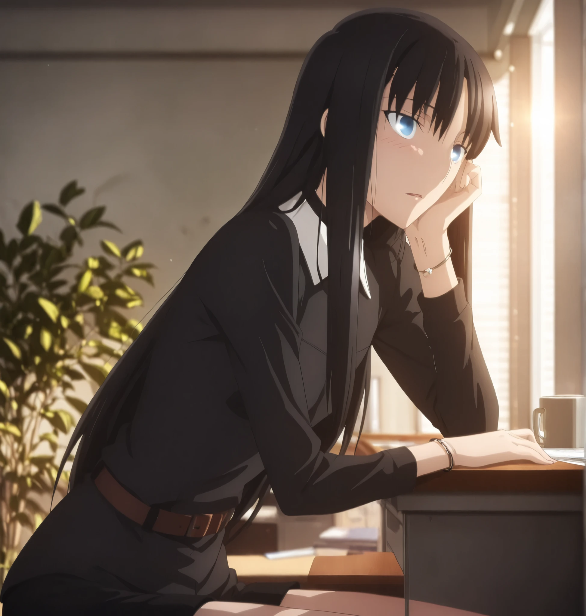 ufutable style ,masterpiece,best quality,good quality,newest, 8k, from side, from above,
indoors ,((cinematic light, sunlight, backlight)), (sitting ), (plant ,detailed background, office),parted lips, , 
light embarrassed,
looking at viewer, (upturned eyes), ,head tilt, head rest, bracelet, pc ,hot coffee on desk ,(hair over eyes:0.7),wispy bangs,
solo,
(anime coloring, anime screencap), 
fate heaven`s feel official style, 1 mature girl, (black hair),long hair, (blue eyes),slim arms,(flat chest),(tall girl, aged up, :1.5),
cowboy shot, , ,
(black high neck, black one-piece shirt, long-sleeve, white collared shirt, , brown belt, black shorts,), 