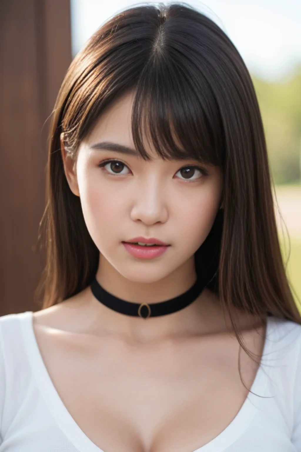 ((perfect )), (photo realistic), (very aesthetic), (highres), (detailed eyes), (top quality), (Realistic), (Super Detailed), (masterpiece), (top quality), (very detailed), (ultra detail), (Super detail), score_8_up, high res image, masterpiece, best quality, (realistic, very awa, very aesthetic, newest, depth of field:1.1), delicate linework, beautiful detailed skin, 1girl, High resolution, clear face, symmetrical eyes, proportions like a Sports Illustrated model, shy, looking to the side, , cleavage, black hair, choker, black choker, shirt, bangs, long hair, parted lips, long sleeves, blush, dynamic composition, 彼女のグレーのトップスの下にはレオタード,