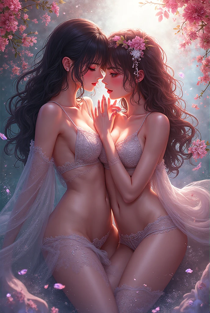 Best quality,Amazing,Masterpiece,Delicate,超高分辨率,Ultra detailed,intricately details,Beautiful detailed,8K resolution,(Extremely detailed Cg Unity 8K wallpaper),Sharp focus,((No text)),?????? conscious,Huge ???? ???????,?????? bareness,???? ??????? explode,Lively ???? ???????,???? ???????,High transparency and transparency of ?????? tearing，，Tongue stock,Makeup,Happy,Reflectors,??????,Pink eyes,Heart earrings,2girls,Female pervert,view the viewer,hair flower,Long hair,multicolored hair,Shiny hair,Barefoot,??????????,Thick thighs,???? legs,Look at each other from the front、((Feminine kiss))、(((French kiss for women)))、Women hugging each other，As if pushing each other、Staring at each other、Moist eyes、half-open lips、Beautiful、Red blush(0.2)、Functional、seductiv、Trance、instigate、Beauty、bustup、Shunguang、、Shoot diagonally down from the front、precise drawing、Detailed drawing、Precise ???????、