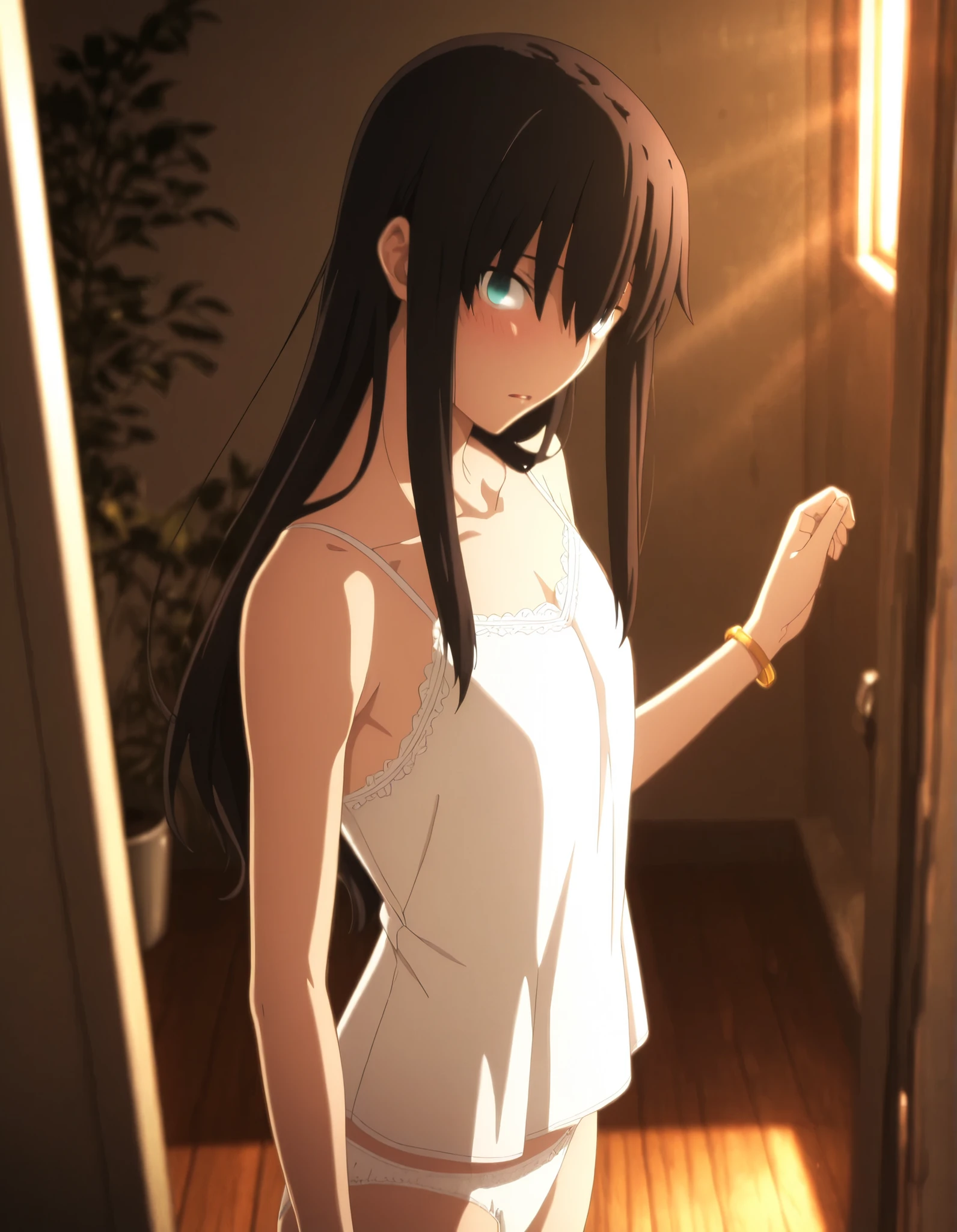 ufotable style ,masterpiece,best quality,good quality,newest, 8k, from side, from above,
indoors ,(cinematic light, sunlight), (backlight), (plant ,detailed background, bath room),parted lips, ,
embarrassed, light surprised,
looking at viewer, (upturned eyes), ,head tilt, , bracelet, ,(hair over eyes:0.9),
solo,
(anime coloring, anime screencap),
fate heaven`s feel official style, 1 girl, (black hair) ,((long hair, long sidelocks)),wispy bangs, blue green eyes, slim arms,(flat chest), (aged up:1.31),
cowboy shot, , ,
(white silky camisole, white silky panties),