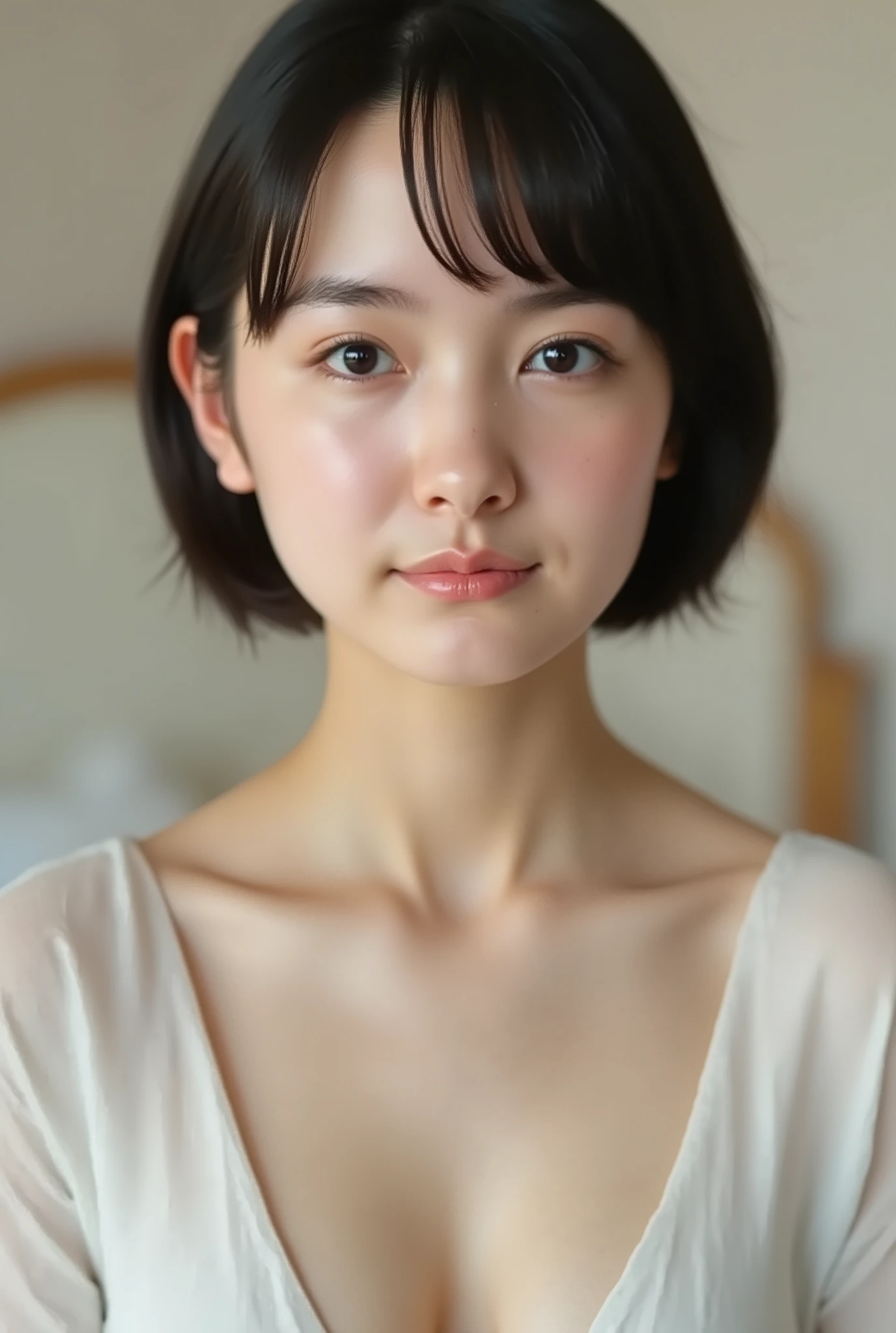 (( premium quality,  8k )), ((masterpiece)), ( details),    、dark hair,  Japanese girl,   first-person view   ,One Woman, thin girl, petite girl ,   sexy,(  full nude,  in the bedroom),(((    very large breasts,  full nude,  Beautiful Breasts, short bob hair , dark hair))),  ((dark hair )) , (( No Decorations,  no accessories,   full nude,     without makeup ))