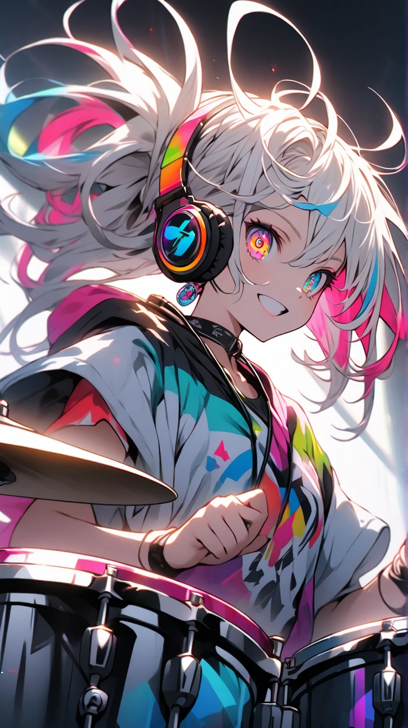 ((Masterpiece)), ((best quality)), (Anime:1.3), (super detail:1.2), (High Definition:1.3), (Professional Photography:1.3), cute young Girl, (at sky), (T-pose:1.5), (Flying in the Sky:1.5), Glossy unruly hair, (loose swept bangs), (silver ash hair), medium hair, big eyes, (Eye bags:1.3), (Long eyelashes), colorful eyes, (evil smile and blush), Glossy lips, (jagged teeth), ((white hoodie with oversized)), barearms, cute, (hands in pocket), (colorful:1.3), gothic makeup, headphones, full body, (Her not looking at camera:2), (from side),