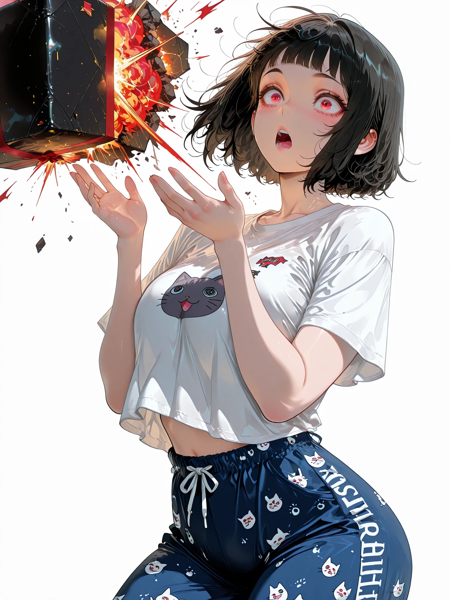 masterpiece,top quality, highres, HDR, high detailed, high definition image, lots of details,best quality,amazing quality,Ultra detailed, Highest quality,Best quality, Top Quality, Amazing Quality, 8K,Very Aesthetic,highly detailed, absurdres, High Resolution, Very Detailed,super detailed,Outrageous,Latest,IllusP0s,detailxl,BREAK , 1girl, Surprising expression ,black hair, short bangs,red eyes,white t-shirt,neko t-shirt,pajama pants, dynamic motion,Amazed,Opening a gift box, gift box explosion, white background,simple background,
