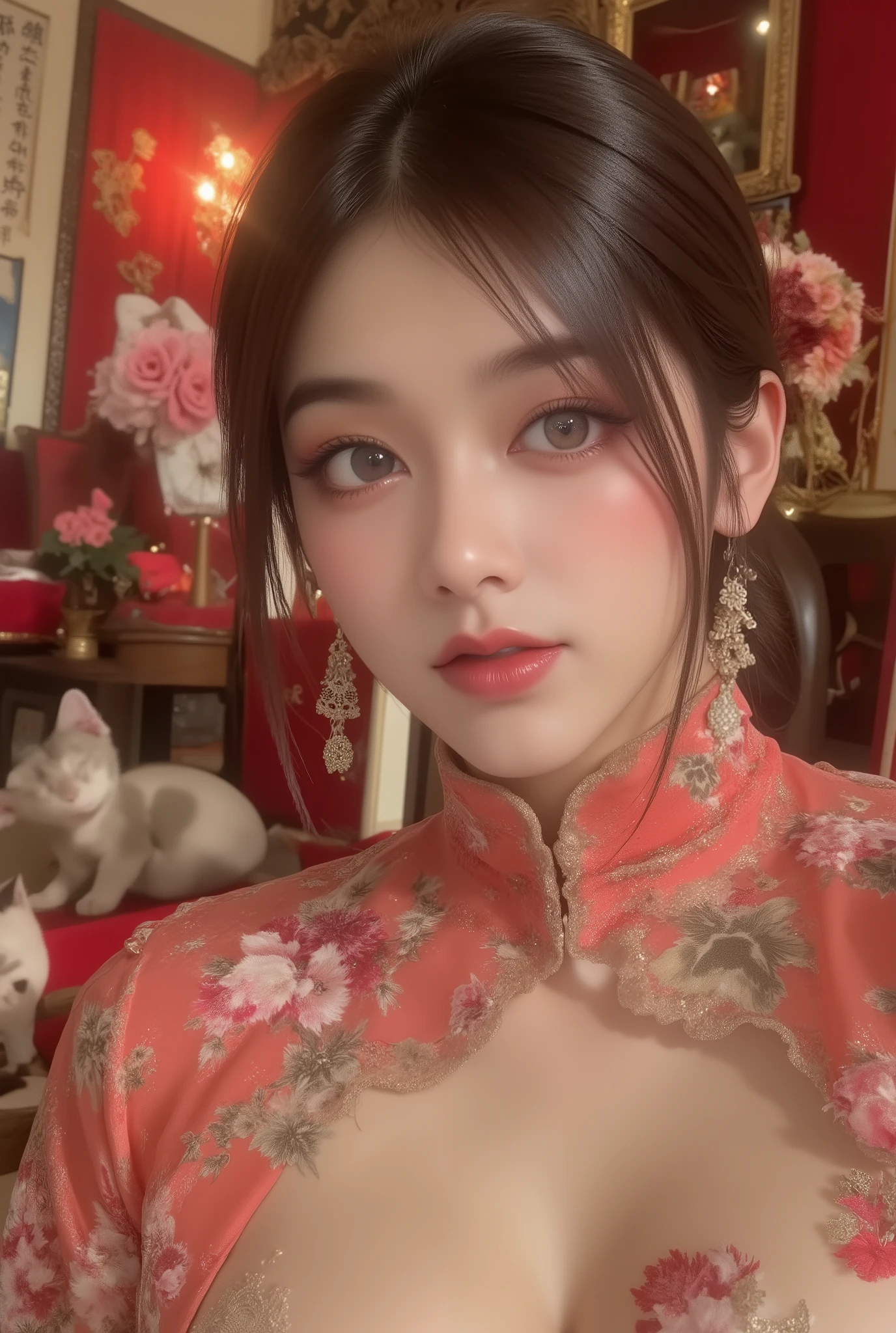 Cat ears、 face up、((( Lying in Bed))) attractive, pretty girl, ponytail、 (( fine facial features , eroticism)), dramatic lighting , realistic , 8k, Dramatic Shadows , intricate and elaborate patterns , super detailed photo , chiaroscuro lighting , Pleasant colors , deep contrast , super real 、 pink lipstick、luxury earrings, luxury necklace, luxury hairpin, warm room、Vintage Fireplace 、 cinematic composition、Close-up of face, A beautiful Korean idol wearing a short random colour cheongsam with golden or silver intricate floral embroidery, standing gracefully in a room filled with traditional Chinese New Year decorations. The room features vibrant red lanterns, decorative calligraphy scrolls, a small Chinese orange tree with golden ornaments, and several red envelopes scattered across the floor and hanging from the tree. Adorable, playful cats are part of the scene—some sitting near the tree, others curiously pawing at the red envelopes or lounging around. Through a window or an open door in the background, vibrant Chinese fireworks light up the night sky in an array of reds, golds, and blues, casting a magical glow into the room. The idol’s outfit is paired with subtle accessories like red hairpins or earrings, complementing the festive look. The atmosphere is warm and lively, filled with the joyful essence of the celebration, enhanced by the shimmering lights of the fireworks and the lively decor.