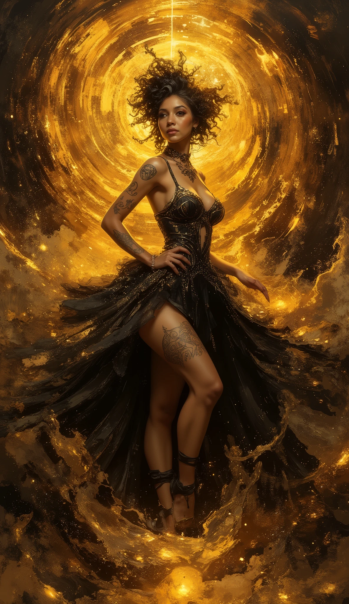 Impressionist surrealism, photo-realistic sensual portrait of a beautiful, chairmaric caucasian half-Black woman in her late 20s, radiating comeliness, elegance, and supernatural mystery. Her deep golden-brown skin glows with lifelike detail. She stands 5’9", with long full legs, big hips, and a statuesque figure, wearing a dramatic, avant-garde gothic dress in rich deep colors and gold accents. Her pose is artfully sensual—hips arched, leg extended, shoulders back—highlighting her seductive curves. Her face is bold and animated: open expression, rounded nose, large expressive dark eyes, dimpled smile. Physique features a petite upper body, medium build, strong, larger arms, slender waist, very thick thighs, large, round voluptuous ass, and robust legs. Tattooed script of loved ones on arms and chest; unfinished bowtie tattoos on thick thighs. Swirling shadow and iridescent light evoke ancient cosmic power, casting mysterious symbols and ethereal radiance. The evocative background blends crumbling 17th-century wonders and gothic opulence in deep tones, surreal textures, and dramatic golden lighting. Her attire is adorned with intricate, high-fashion details inspired by McQueen, Mugler, and Gaultier with Baroque influence. Enveloped in haunting, melancholic glamour—she is chosen, enchanting, ripe, and sensual, blending history, futurism, and eldritch magic in a cinematic, ArtStation-worthy masterpiece.