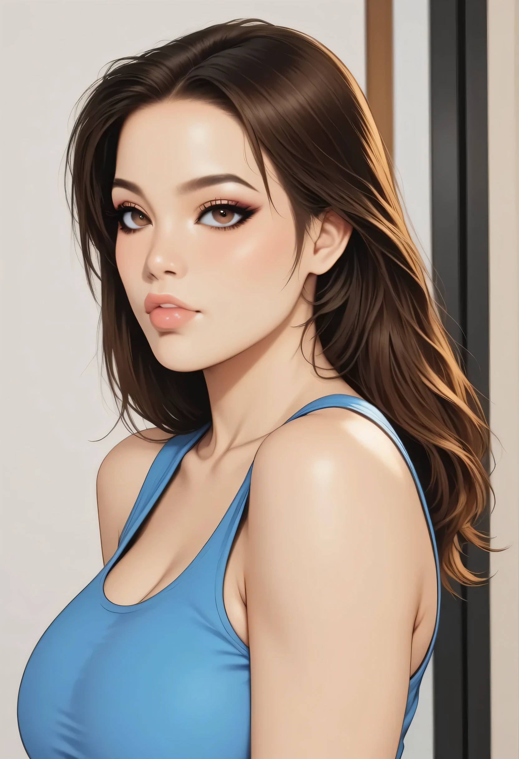 perfect face, feminine, brown hair, long smooth hair, (forehead), brown eyes, lips, thick lips, without makeup, blue tank top, ((large breasts))