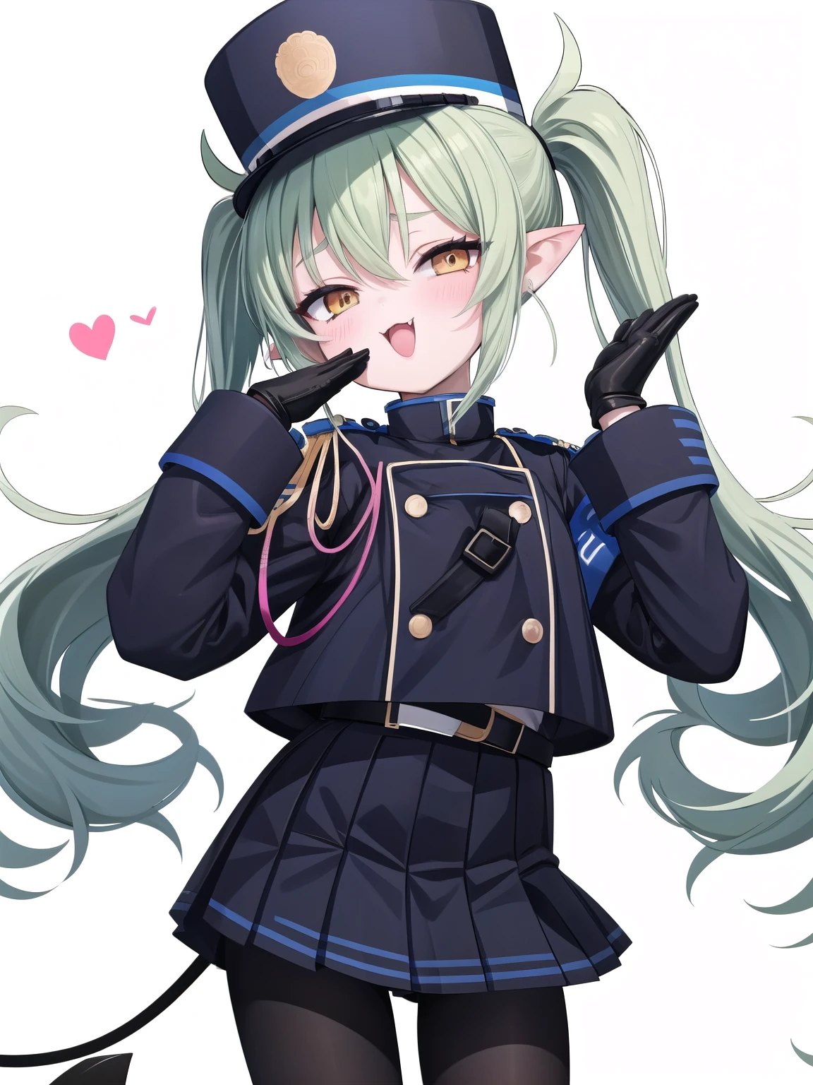 1girl, :3, anime , upper body, hand to own mouth, looking at viewer, half-closed eyes, masterpiece,best quality,very aesthetic,absurdres,long_sleeves, looking_at_viewer, peaked_cap, cowboy_shot, white_background, solo, white_gloves, pleated_skirt, highres, black_hat, simple_background, black_jacket, white_pantyhose, highlander_sidelocks_conductor_\, blush, demon_tail, 1girl, black_belt, black_skirt, black_tail, pointy_ears, twintails