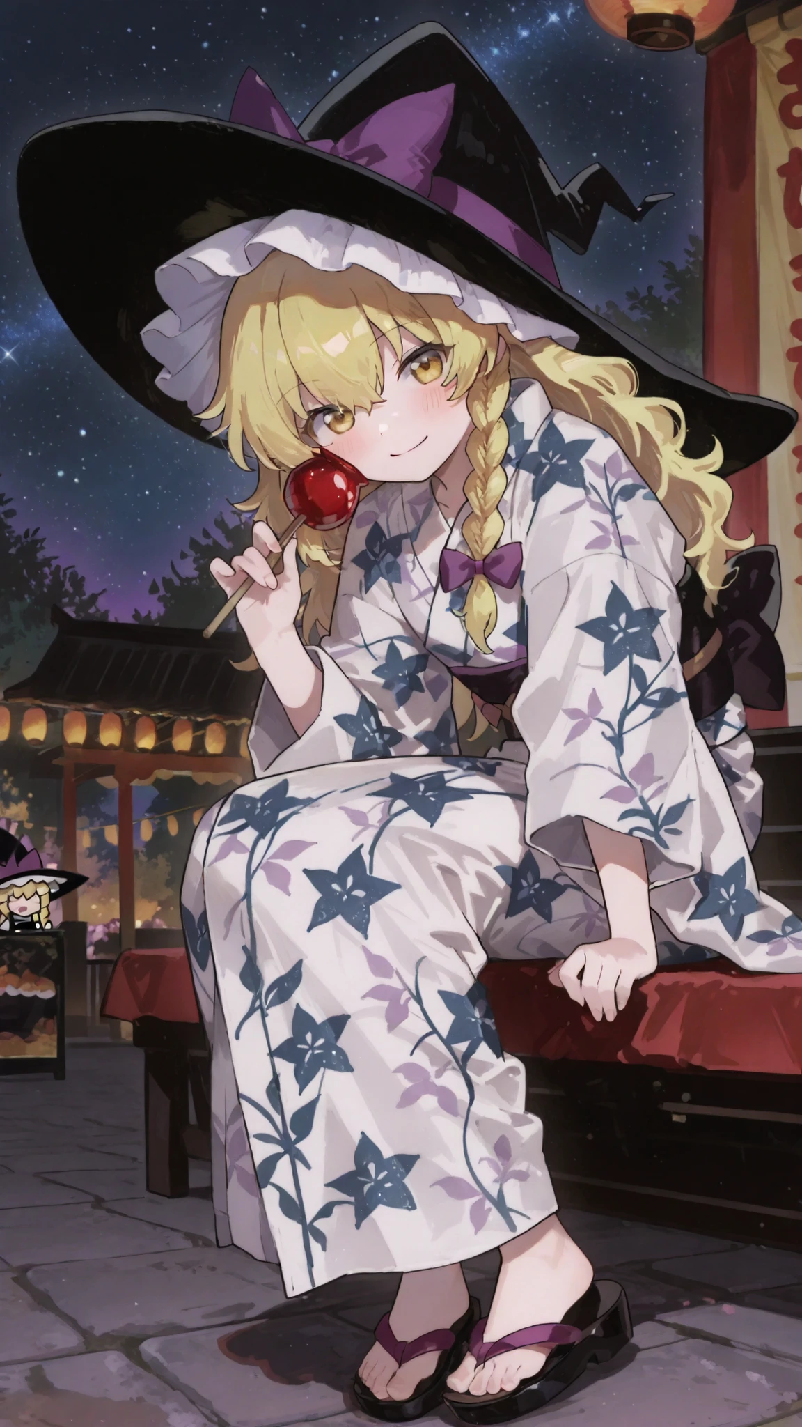 Quality(masterpiece、最高Quality、high resolution、beautiful face down to the details、anatomically accurate、detailed description)、Touhou Project,Marisa,Kirisame Marisa、Witch Hat 、Dynamic Perspective、mischievous smile、and she is wearing a starry sky patterned yukata on the back 、 Festival Stalls、Full Body、Night Festival、holding a candy apple。