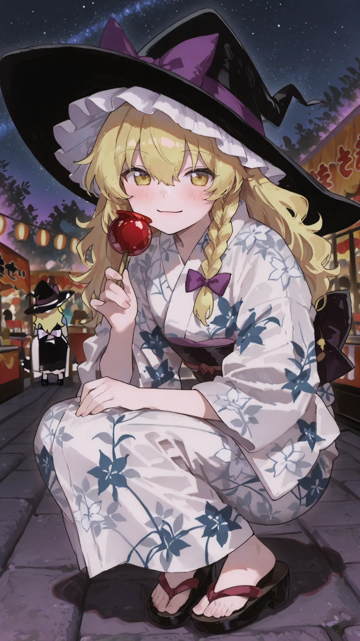 Quality(masterpiece、最高Quality、high resolution、beautiful face down to the details、anatomically accurate、detailed description)、Touhou Project,Marisa,Kirisame Marisa、Witch Hat 、Dynamic Perspective、mischievous smile、and she is wearing a starry sky patterned yukata on the back 、 Festival Stalls、Full Body、Night Festival、holding a candy apple。