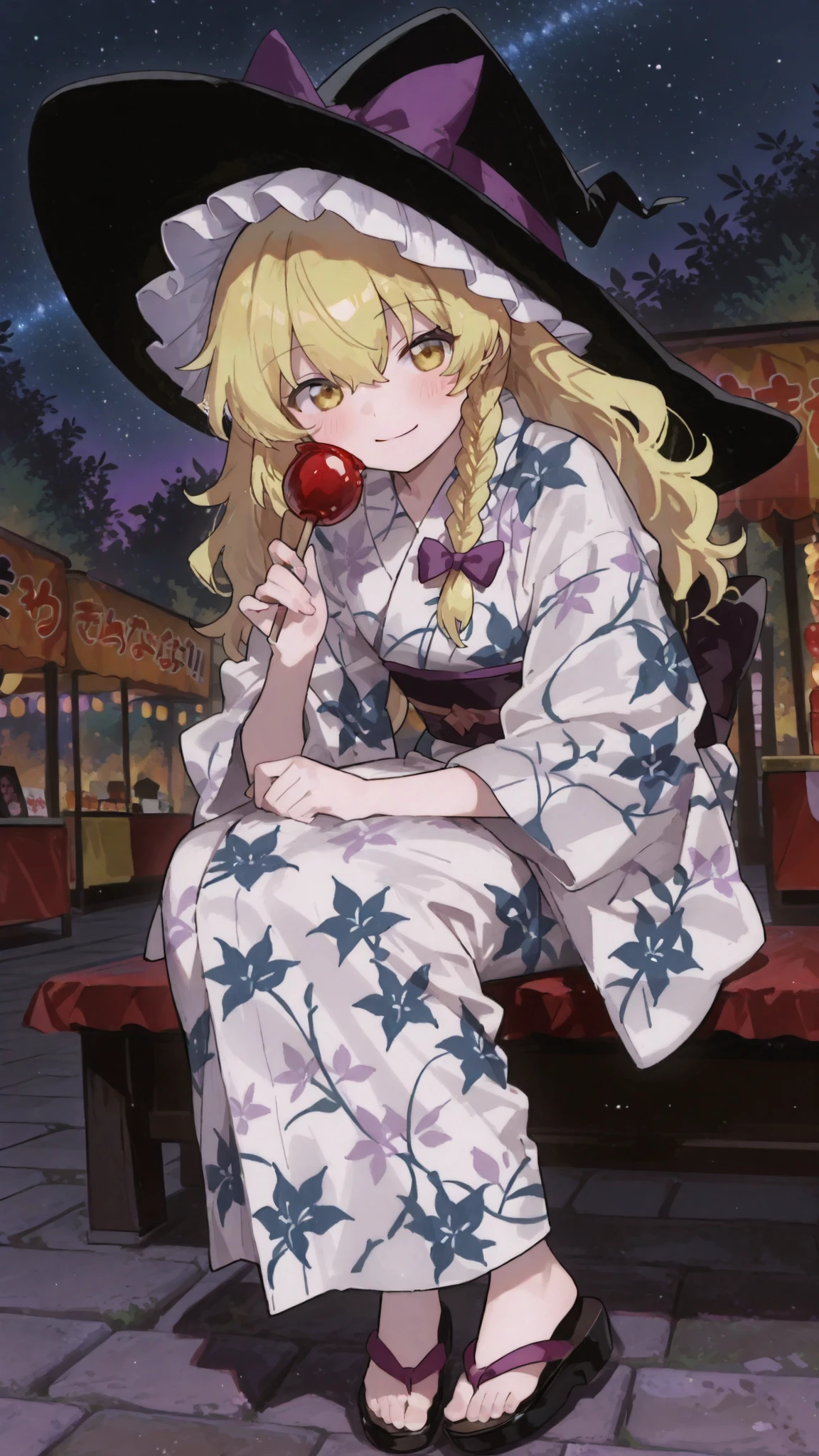 Quality(masterpiece、最高Quality、high resolution、beautiful face down to the details、anatomically accurate、detailed description)、Touhou Project,Marisa,Kirisame Marisa、Witch Hat 、Dynamic Perspective、mischievous smile、and she is wearing a starry sky patterned yukata on the back 、 Festival Stalls、Full Body、Night Festival、holding a candy apple。
