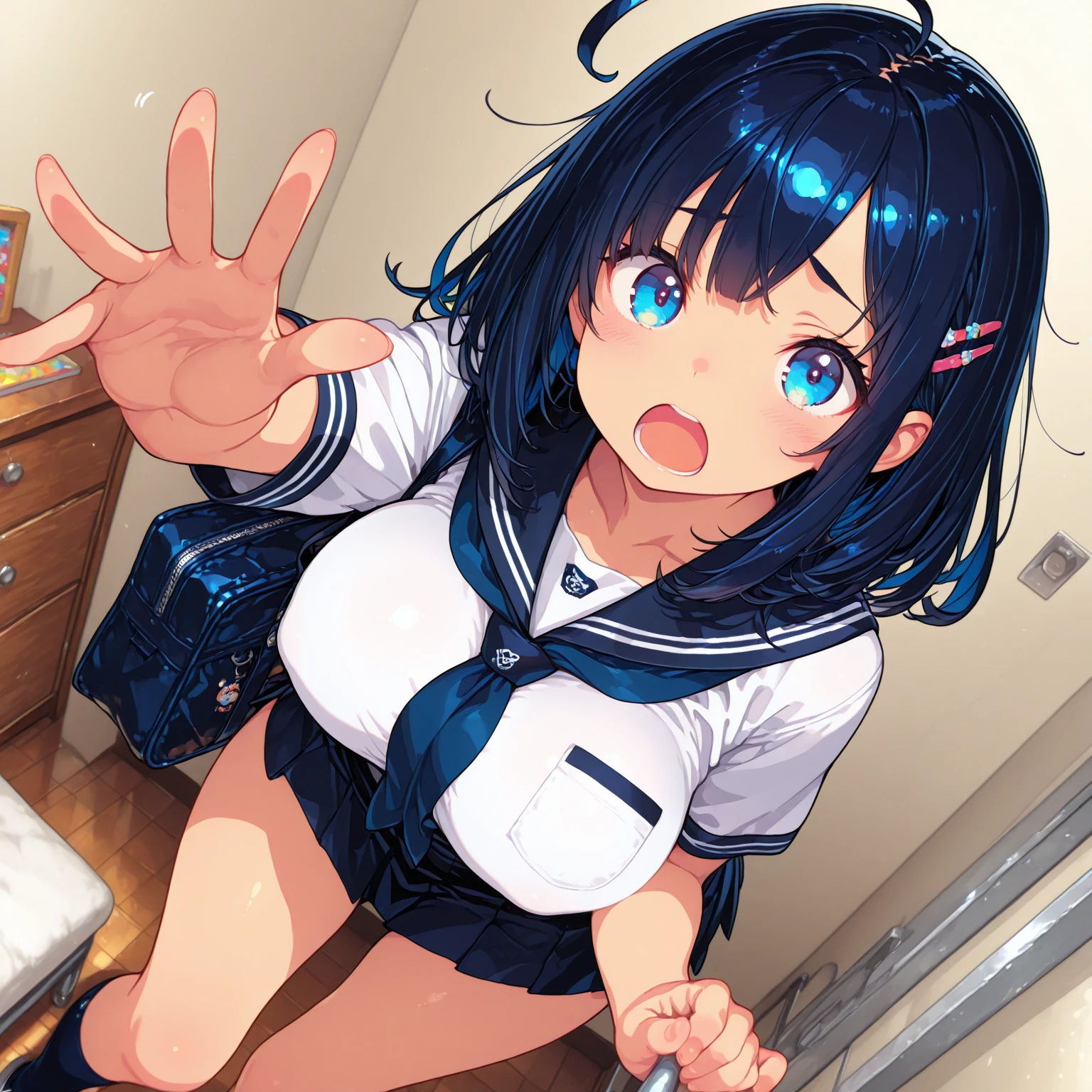 (masterpiece, best quality:1.2), front shot, 1girl, kawaii, (super big breasts, micro waist, very long legs:1.4), Black hair, (medium hair), short height, scrawny and thin body, tiny cute beautiful face, overjoyed, serafuku, pigeon-toed, wet and sweaty, big visible ribs,  with  super big  ugly man, , V sign, Trembling