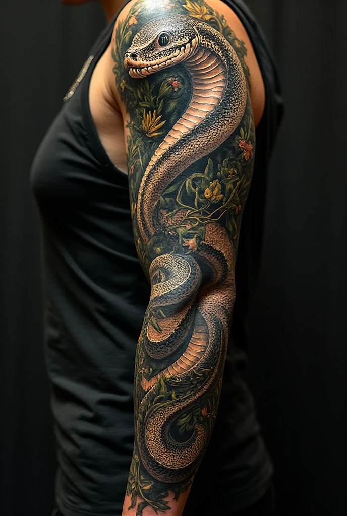 leg tattoo of snakes crisscrossing with angry faces