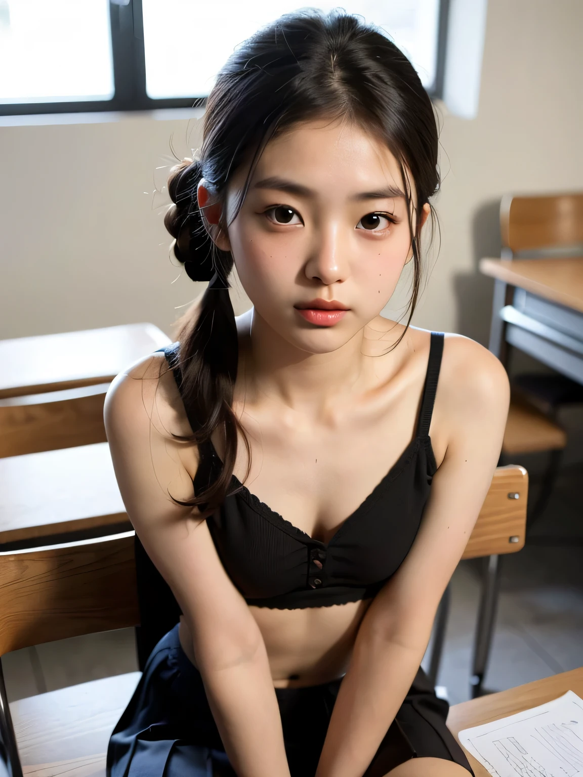  Highest quality, shape, Very detailed, finely, High resolution, 8k wallpaper, 完璧なダイナミックな構shape, Beautiful and exquisite,  Natural Lip, whole body, Navel exposure, front,、Shyness、(((Twin tails))),bangs、University classroom、Pleated skirt、((looking at the camera))、Brown Hair、(((はピンク色)))、sweater、(((Thighs)))、