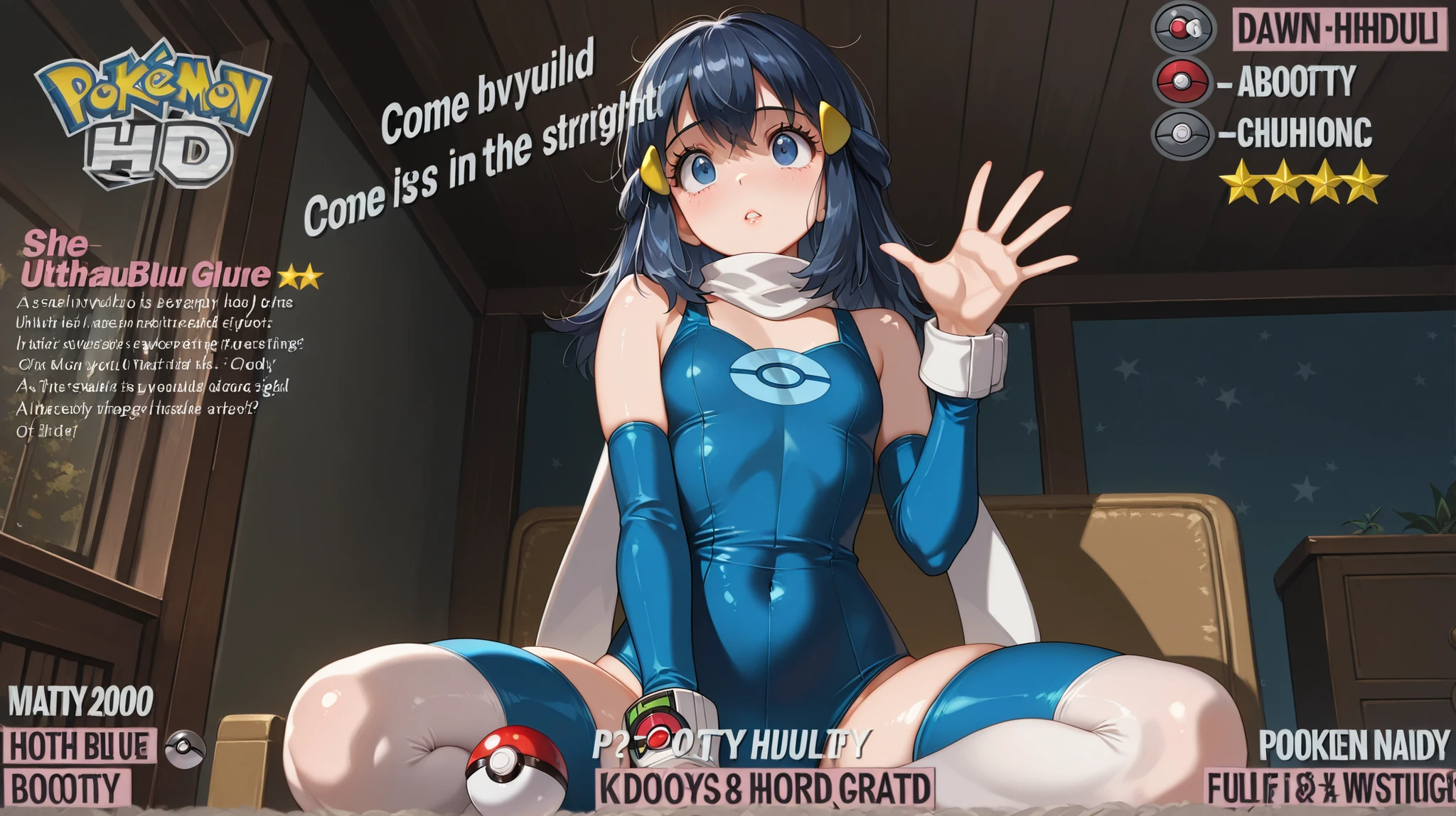 Dawn \(pokemon\) a beautiful gir,l on the middle of the image, a 1girl, who appears to be a young adult, she has straight, reddish-blue hair and is wearing pink thigh-high socks. her body is slim, and she is wearing no shoes. 1girl, solo, unrivaled beauty, fullbody, petite build, small chest, booty, bubble butt, choppy bangs, hair between eyes, hairclip, sidelocks, blue eyes, eyelashes, ufotable, star (symbol), pokeballs print, a bare shoulders, light blush, shiny skin,skindentation, medium hair, blue hair, good-looking, come hither, fit female, eyelashes, parted lips, whole body, slim hips, skin tight, light lips, messy hair, douyin eyes, vivid eyes, sexy young little woman, intense expression,dynamic motion, dramatic angle, clothing texture, beautiful face, beautiful girl, beautiful body, beautiful hair, Masterpiece, very aesthetic , perfect composition, intricate, ((Best quality :1.2)),((Detailed :1.5)),((Detailed background :1.5)). (HD eyes:1.4), ((4k,8k,Ultra HD)), (((masterpiece)))2000s style, ,((4k,8k,Ultra HD)),((Masterpiece :1.2)),((Best quality :1.2)),((Detailed :1.5)),((Detailed background :1.5)),art style, pretty art, pretty eyes