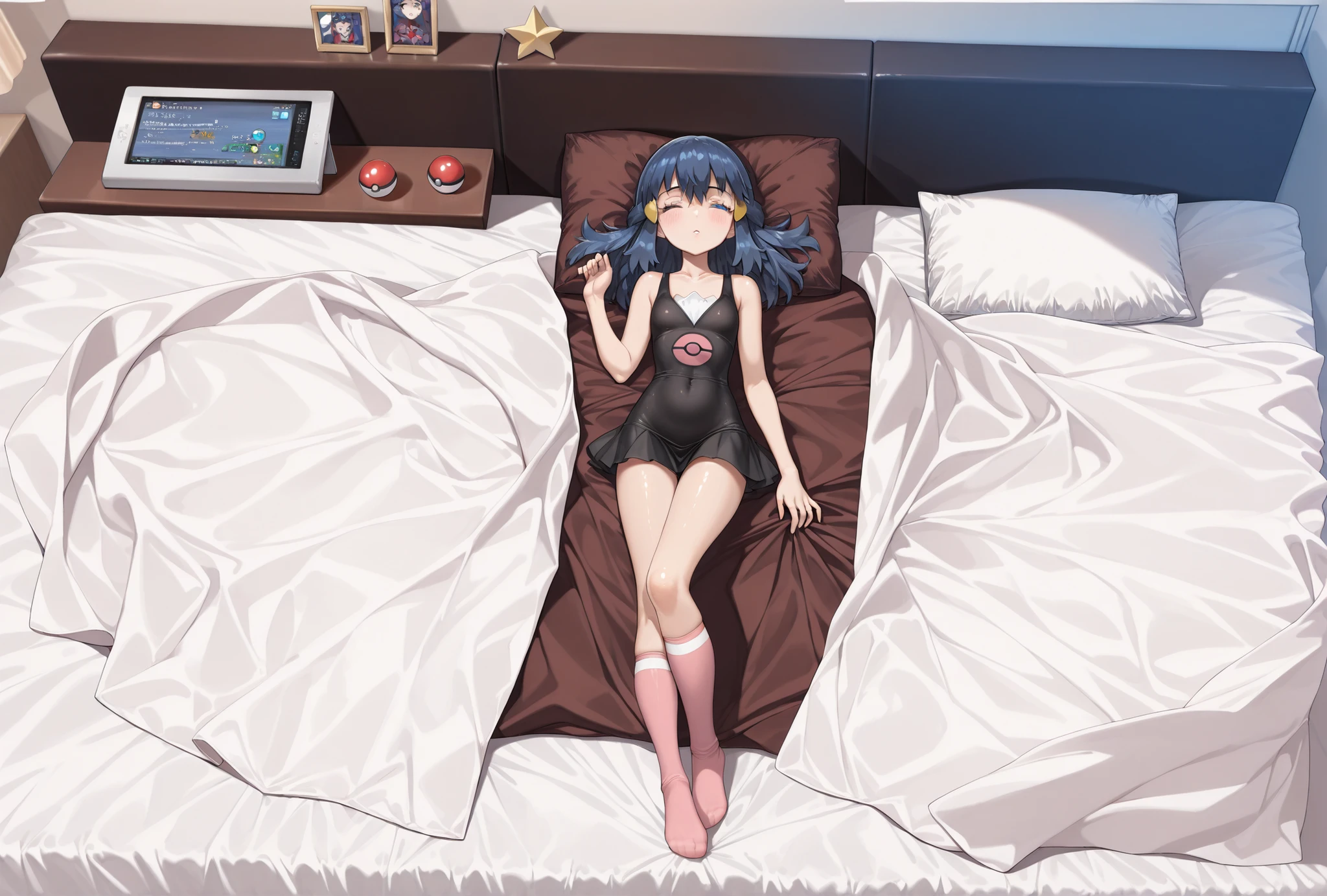 Dawn \(pokemon\) a beautiful gir,l on the middle of the image, a 1girl, who appears to be a young adult, is lying on her side on the bed, with her head resting on a pillow and her eyes closed in a sleepy expression. she has straight, reddish-blue hair and is wearing pink thigh-high socks. her body is slim, and she is wearing no shoes. 1girl, solo, unrivaled beauty, fullbody, petite build, small chest, booty, bubble butt, choppy bangs, hair between eyes, hairclip, sidelocks, blue eyes, eyelashes, ufotable, star (symbol), pokeballs print, a bare shoulders, light blush, shiny skin,skindentation, medium hair, blue hair, good-looking, come hither, fit female, eyelashes, parted lips, whole body, slim hips, skin tight, light lips, vivid eyes, thigh and calf lines, clothing texture, beautiful face, beautiful girl, beautiful body, beautiful hair, Masterpiece, very aesthetic , perfect composition, intricate, ((Best quality :1.2)),((Detailed :1.5)),((Detailed background :1.5)). (HD eyes:1.4), ((4k,8k,Ultra HD)), (((masterpiece)))2000s style, ,pastel style,Very detailed, masterpiece