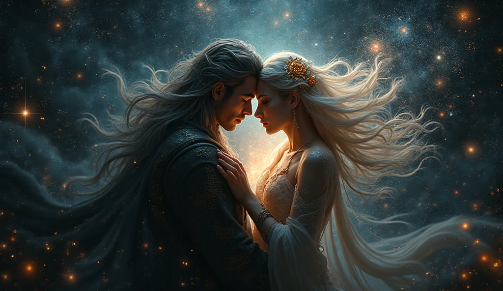 In a celestial dreamland landscape, people dressed luxuous, differents faces, they are all brown skin, (((in 40's))) (((two brown skin men and two brown skin whitehair:1.7 woman))), (((two young brown skin long brown hair prine:1.3))), (((one brown skin whitehair1.5 woman))) and (((one white hair woman1.3))) trying to kill him with powers, dangerous scene, war, battle, luminuous stars, chaos, fire, destrctions, 8K, extremely detailed, high quality, (photorealistic:1.37), Full body, vibrant colors, perfect lighting, soulful expressions, celestial aura, majestic presence, dreamlike atmosphere, 8 k artistic photography, photorealistic concept art, soft natural volumetric cinematic perfect 
