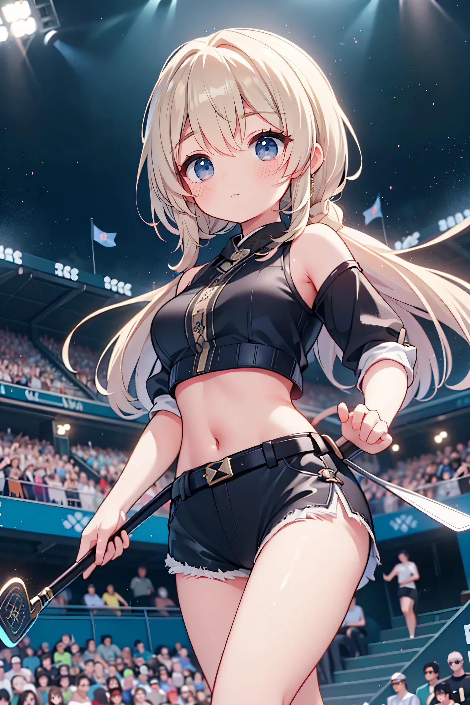 best quality ,Ultradetailliert , nice face , Meisterwerk、 Meisterwerk, erstklassig,
Meisterwerk, best quality, amazing quality, (genauer Stil), (detailed face), Genaues Gesicht, Treffende Augen, genaue Farben, detaillierte Augen, Rumi kpop, only 1 very long purple braided braid,Pony, braune Augen, 1 girl, Allein, 3d, Gelbe Jacke, Cropped Jacke, schwarze Shorts, Bauch, red belt, white crop top, Stiefel, has golf clubs in the right hand,spielt Golf, very dynamic pose, very dramatic perspective, Cowboy-Schuss, Hellblaues Crop-Top, on stage,View viewers directly, very sweet smiling,looks directly at the viewer, happy smile, Elegant, very thin legs, dark background narrow , schmale Beine, , extremely detailed, best quality ,Ultradetailliert , nice face、 Meisterwerk, erstklassig, 1 girl in, best quality , 1 girl dark background