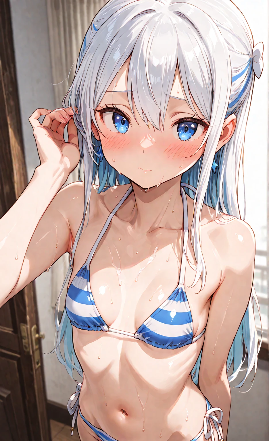 Realistically，25-year-old woman，Bikini Wearing，Emphasize cleavage，Face Real，smile，Sexy，coastal，Various poses