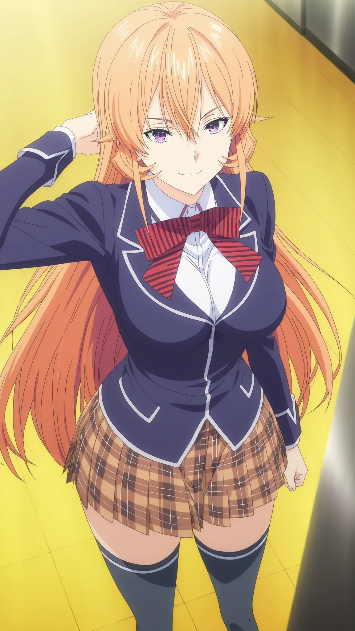 anime coloring, source_anime, hires image, masterpiece, best quality, newest, masterpiece, best quality, 4k, 1girl, long hair, orange hair, purple eyes, hair between eyes, skirt, thighhighs, bow, school uniform, jacket, pleated skirt, shoes, black thighhighs, zettai ryouiki, plaid, plaid skirt, blazer, smile