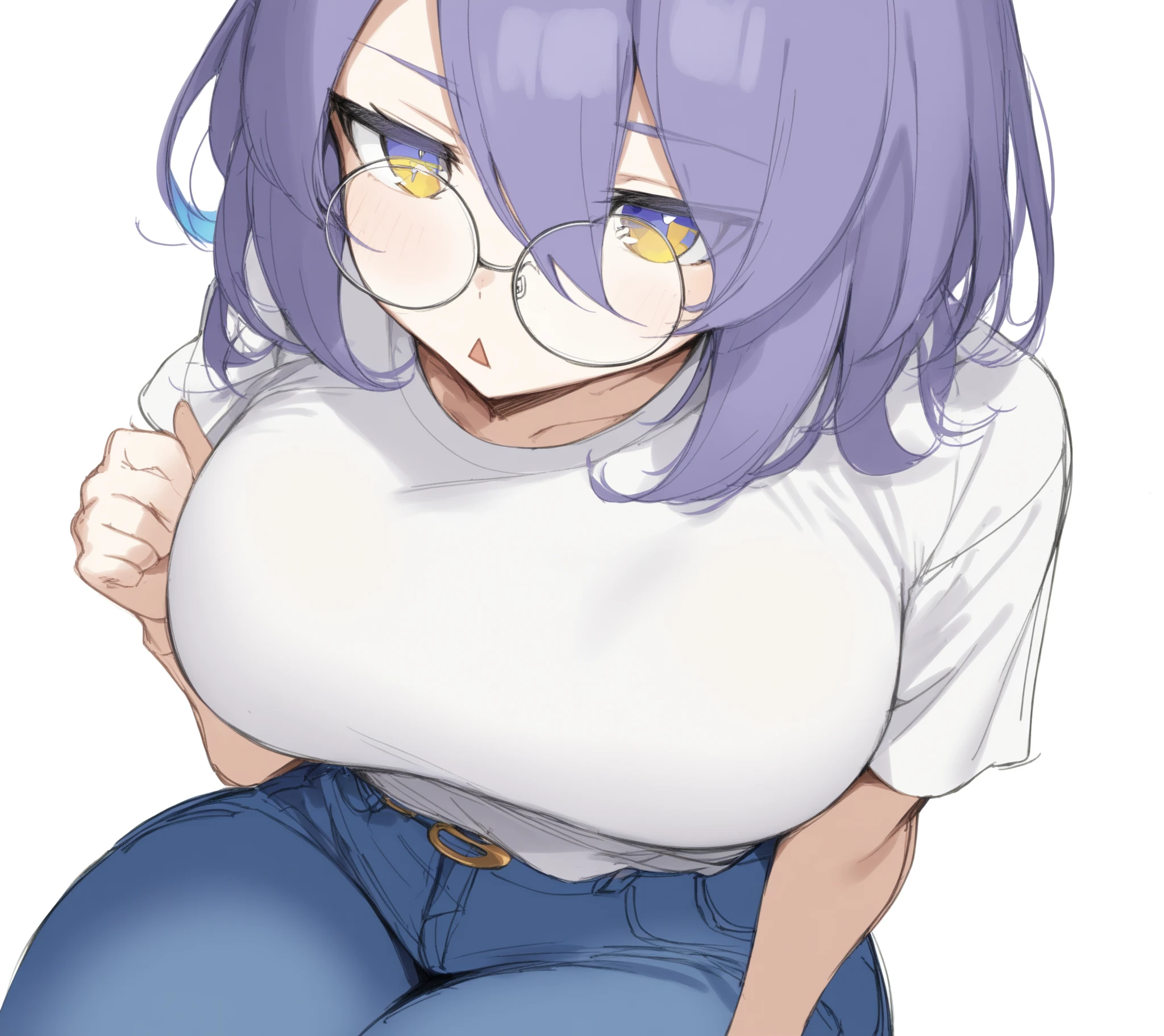 Oni girl, one horn in the center of the forehead, yellow eyes, glasses, cascading bob hairstyle, blond hair color, slightly plump figure, full ???????, narrow waist, curvy ????, Front view, ((looking to the side)), dissatisfied face, eyes closed, ???? ???????, detailed ???????, ((supporting ??????? with my hands)), dark tight trousers, trousers close to the ??????, plain background, background of one color, white outline around the character