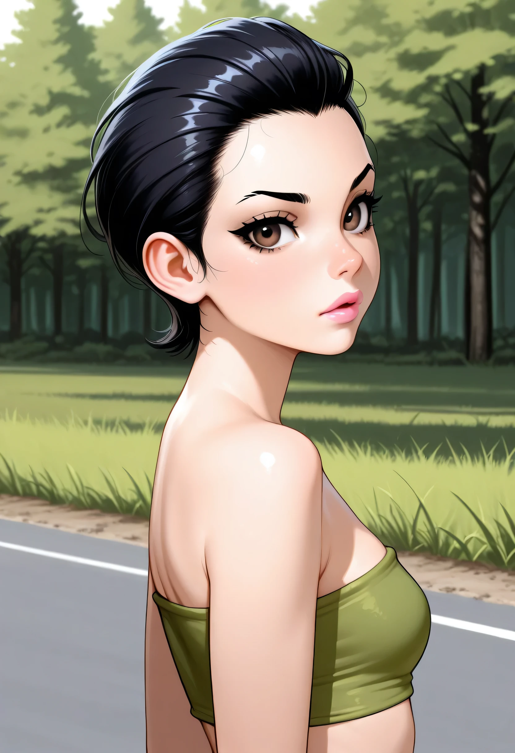 black hair, pixie slick back hair, (forehead), black thin eyebrows, dark brown eyes, black eyelashes, nose, normal lips, pink lips, small breasts, (green tube top), simple background, from side, looking at viewer, trees, grass, road