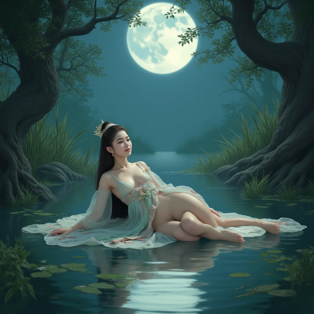 Edward Okun-style painting capturing "The Mermaid Princess, asian very big and fat woman" embodying fallen royalty with a predatory gaze, ensconced in an eerie, moonlit lake ensnared by thick mud,  showing hear breast and , reflection of horror in the water's surface, glares piercing through the mist, a setting soaked in darkness and dread, conveying a mixture of confidence, intricacy, and a terrifying beauty, moonlight casting harsh glares, overall a balanced,  octane rendering., High Resolution, High Quality, Masterpiece