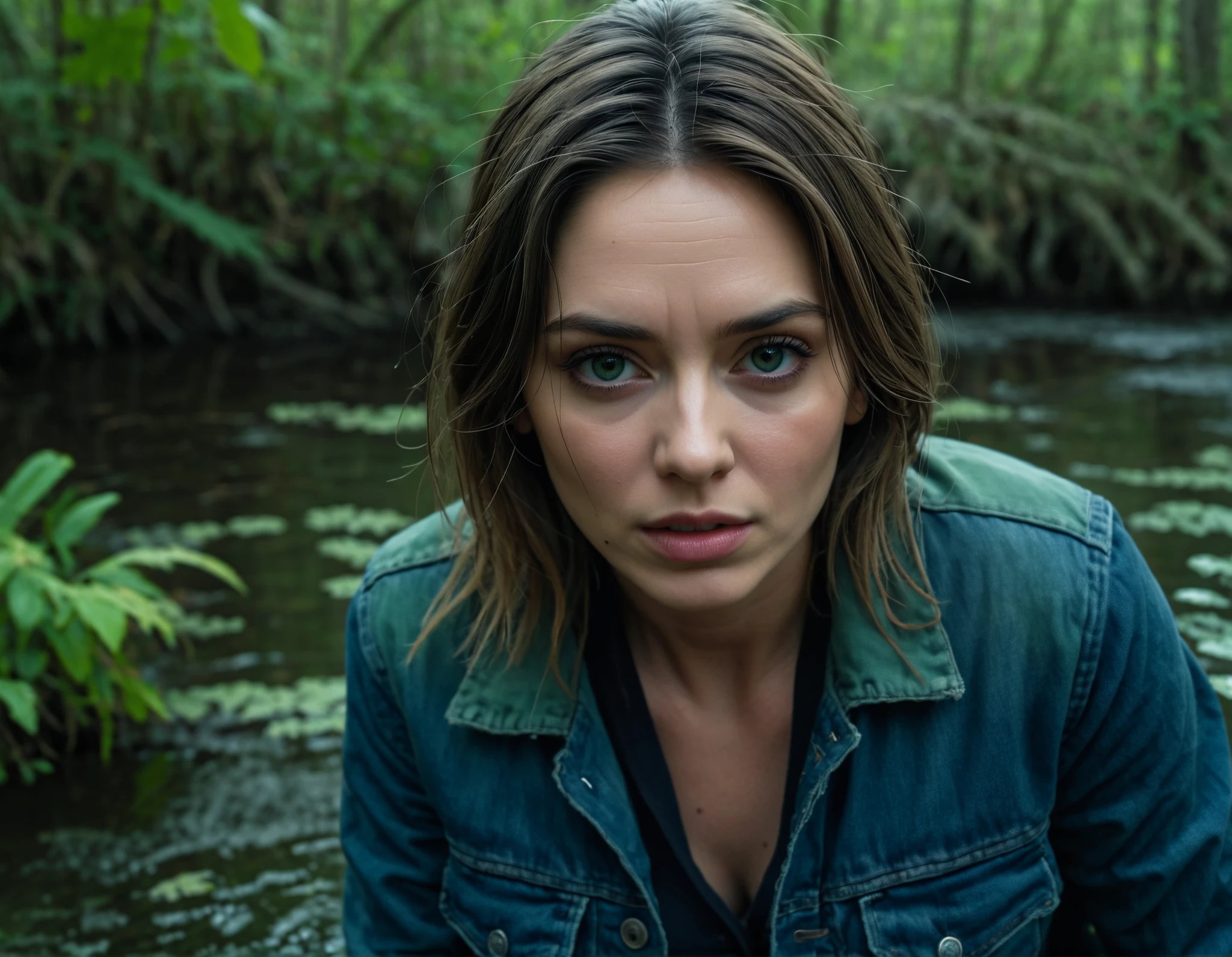 Girl enters the blackhole cave in the jungles, Anna, a mystical woman with dark hair, curious eyes, vintage film, contrast between warm outdoor and cold dusk, cozy atmosphere, mix of natural and cosmic, mix of natural and artificial light, end with a Thoreaulike scene.