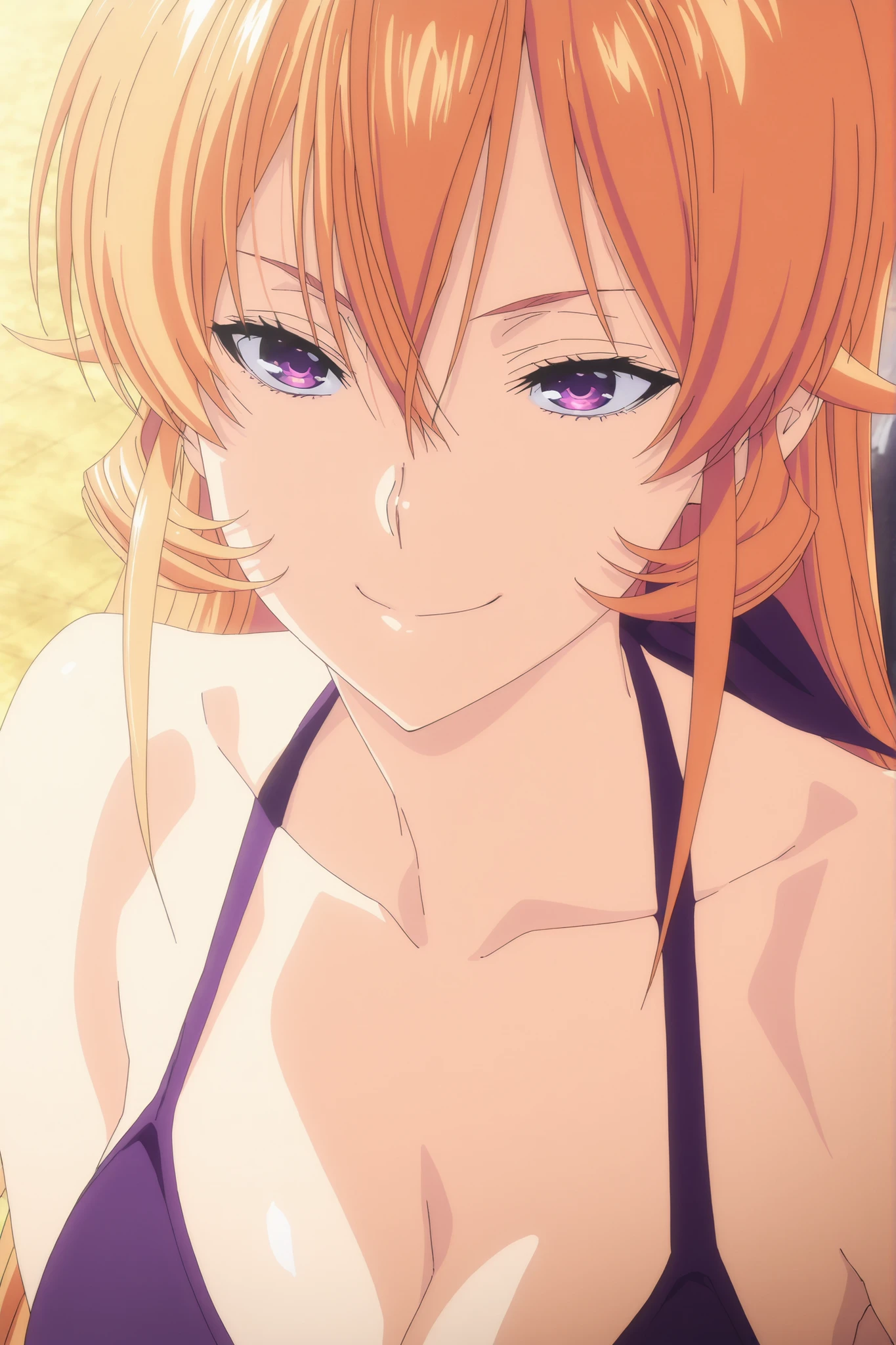 anime coloring, source_anime, hires image, masterpiece, best quality, newest, masterpiece, best quality, 4k, 1girl, long hair, orange hair, purple eyes, hair between eyes, purple bikini,,,,, bikini ribbon,,, , , smile, sexy, erotic, curves