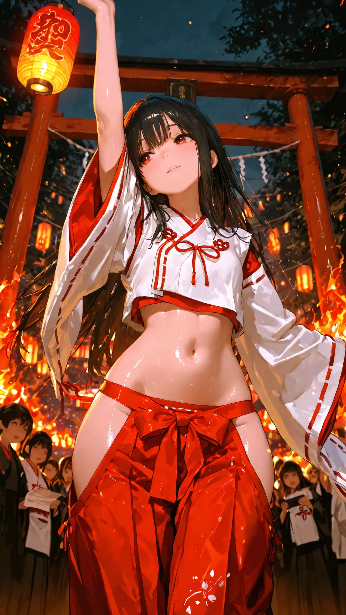 top quality, Picture, in fine detail, young shrine maiden, Authentic shrine maiden costume, long black hair, traditional white and red costume, reach forward to the camera, Direct line of sight, Night Fire Festival, dancing flames illuminate her face from below, sacred torii gate seen behind, Soft Focus Festival Crowds, lantern in the other hand, Immersive First-Person Perspective, Japanese cultural celebration,wide hips,Hakama, face focus, tilt your neck, glossy skin, belly button