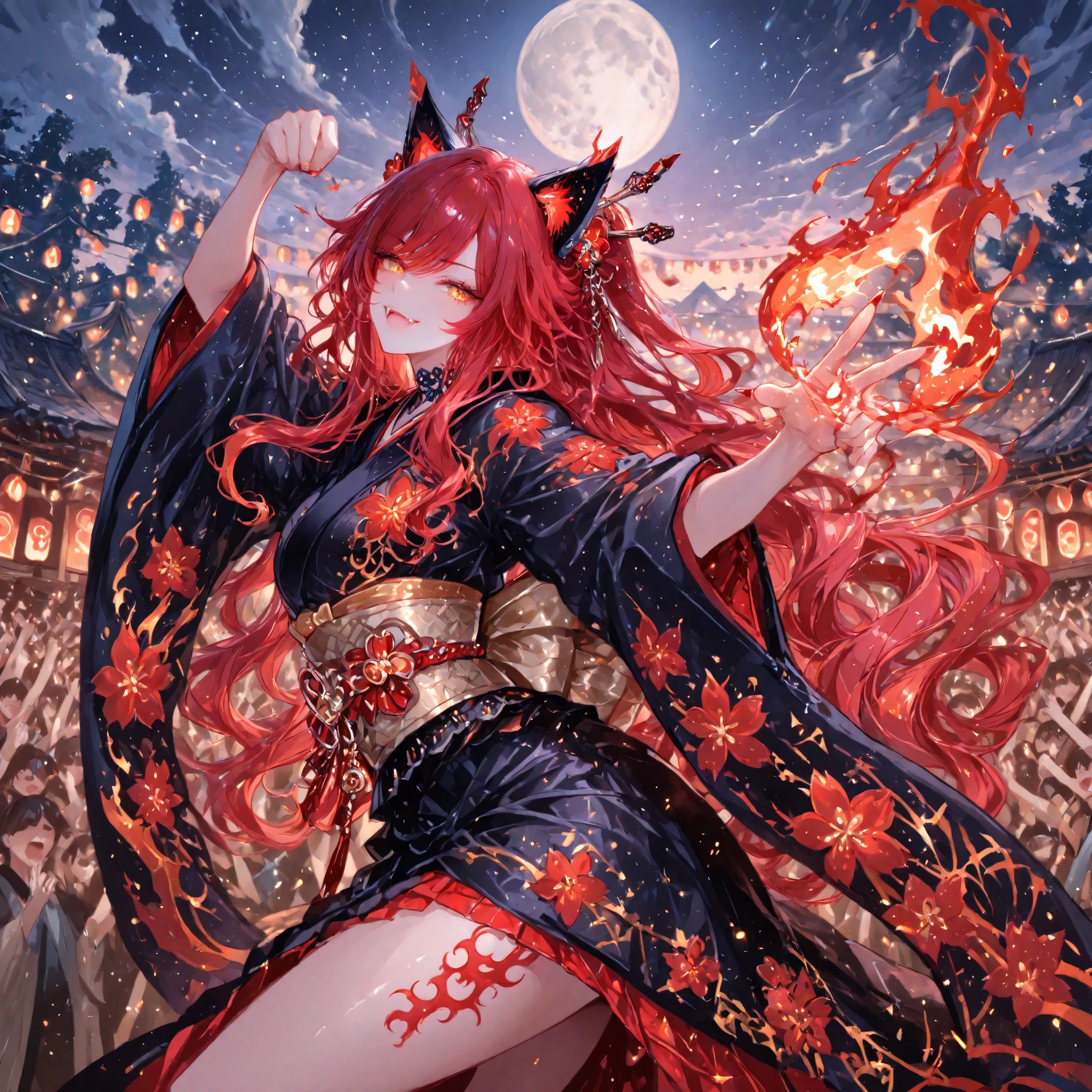 festival of fire, 748cmstyle,perfect anatomy, masterpiece, Illustration, ultra details, fine trait, best quality, ultra detailed, 1girl (kimono neko girl), dancing with the flames oround her, , smile with fangs, claws, very long wavy red hair, , , nice anime golden eyes, dynamic pose, in night japan village in background , japan village, moon and clouds, very detailed, ((cheering crowd))