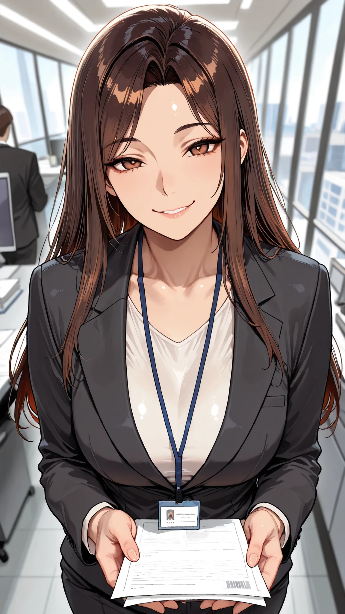 1Human Woman, , long hair, side parted bangs, brown hair, brown eyes, Smile Yang, office lady(black suit), walk, An office district you can go to, solo, masterpiece, depth of field, very beautiful depiction, Super Detailed, high quality, high resolution, and above in Hellfire, Maximum image quality, 8k,