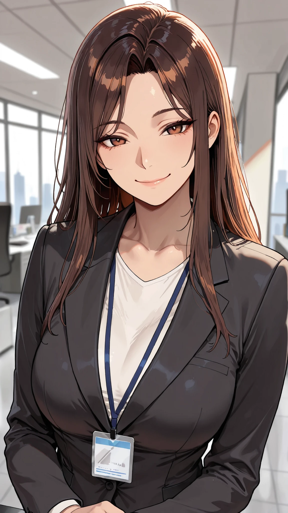 1Human Woman, , long hair, side parted bangs, brown hair, brown eyes, Smile Yang, office lady(black suit), walk, An office district you can go to, solo, masterpiece, depth of field, very beautiful depiction, Super Detailed, high quality, high resolution, and above in Hellfire, Maximum image quality, 8k,