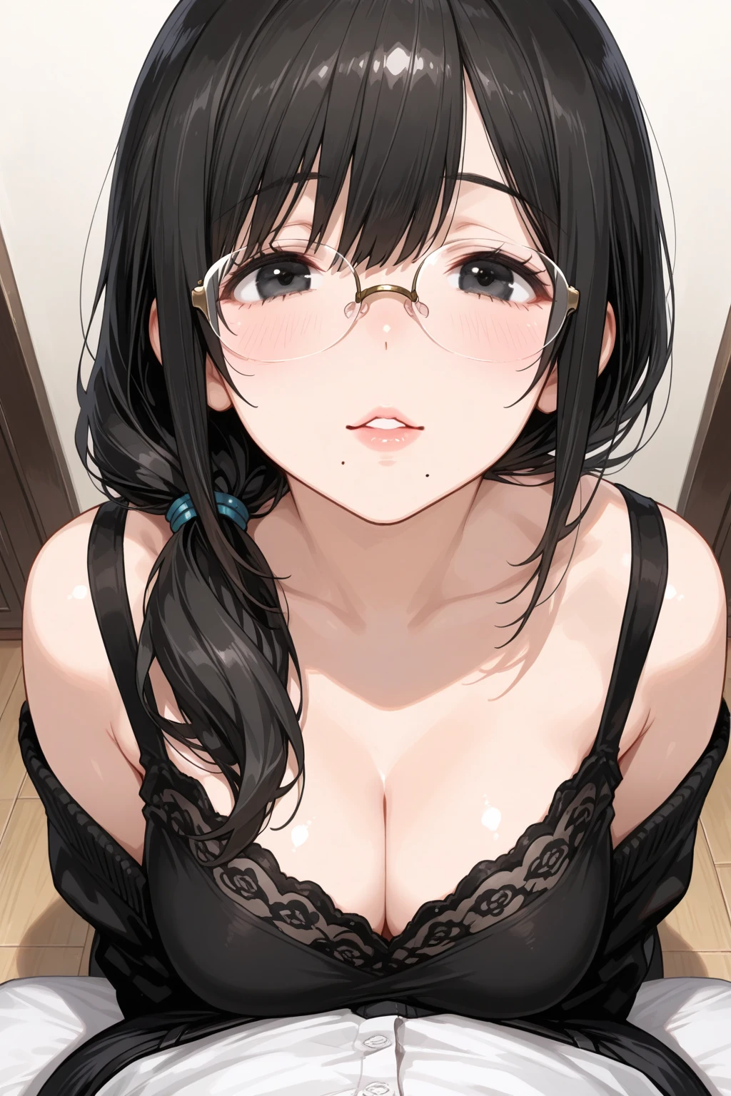 ((best quality)),((highly detailed)),masterpiece,absurdres,detailed face,beautiful face,(detailed eyes, deep eyes),1girl,((Squat pose)),  Asuka, kitauji high , solo, glasses, black hair, , long hair, blue eyes, red-framed eyewear, looking at viewer, blush, over-rim eyewear, window, semi-rimless eyewear, cowboy shot, show natural big breast, show clavage, big thigh, , , hair between eyes, expressionless, indoors