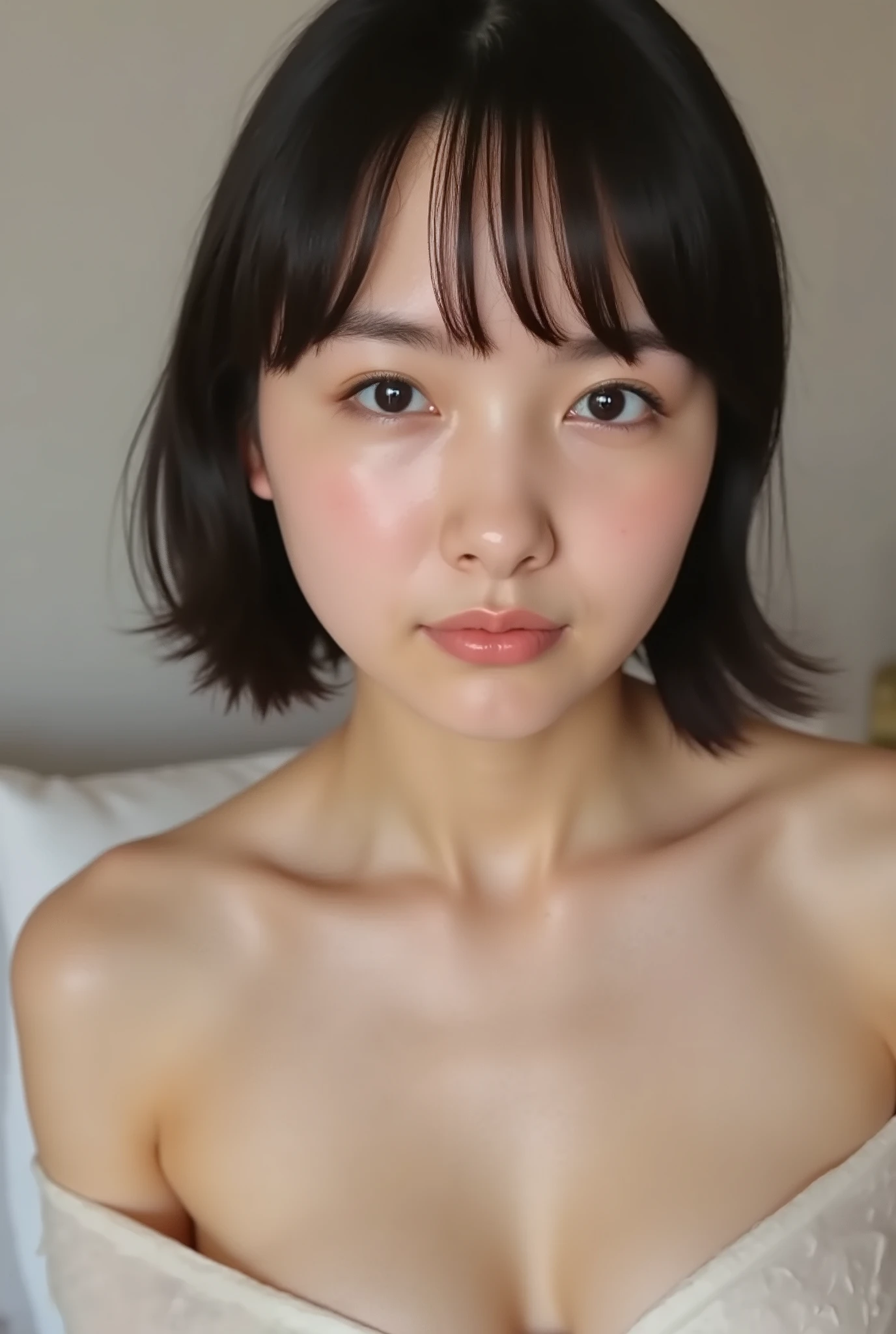 (( premium quality,  8k )), ((masterpiece)), ( details),    、dark hair,  Japanese girl,   first-person view   ,One Woman, thin girl, petite girl ,   sexy,(  full nude,  in the bedroom),(((    very large breasts,  full nude,  Beautiful Breasts, short bob hair , dark hair))),  ((dark hair )) , (( No Decorations,  no accessories,   full nude,     without makeup ))