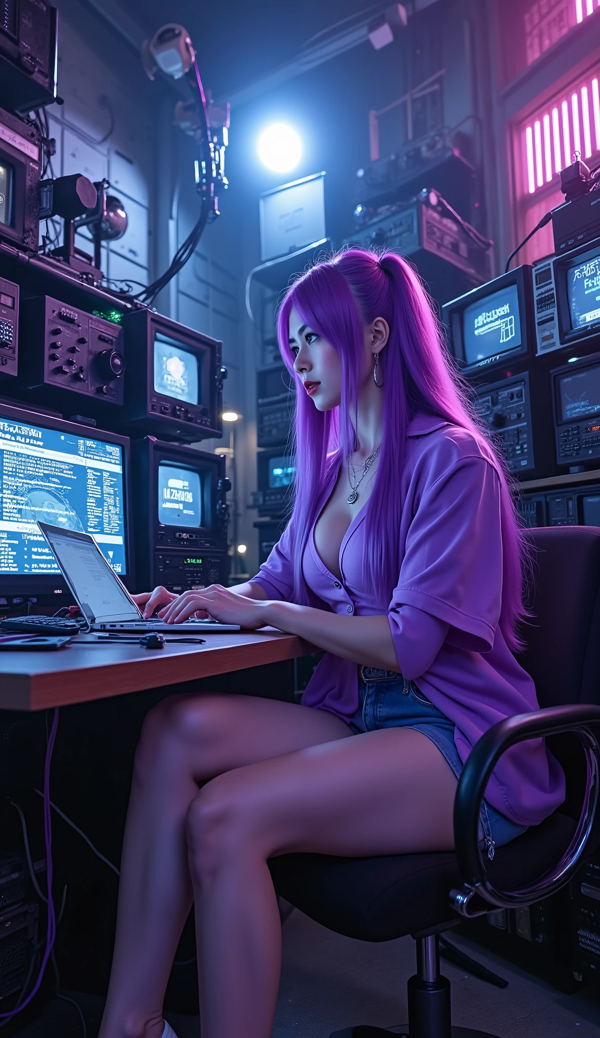masterpiece, Highest Quality, Ultra Hi-Vision, 16k, complicated details, Obscene, beautiful, and sexy、Japanese Beauties、Beautiful Woman with Long Purple Hair、wearing a purple-based v-neck shirt and purple shorts、Beautiful hacker, Inside a pretty dark room、TV station backyard、Big radio device、No andPChacking、, she's watching a laptop、she's sitting on a chair、Composition of looking at her from the side、There are many broadcasting devices in the surroundings、 real live action images, Images of a large number of communication machines and her and PC、Focus on her