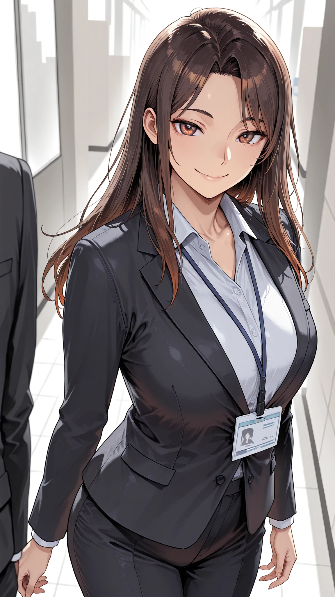 1Human Woman, , long hair, side parted bangs, brown hair, brown eyes, Smile Yang, office lady(black suit), walk, An office district you can go to, solo, masterpiece, depth of field, very beautiful depiction, Super Detailed, high quality, high resolution, and above in Hellfire, Maximum image quality, 8k,