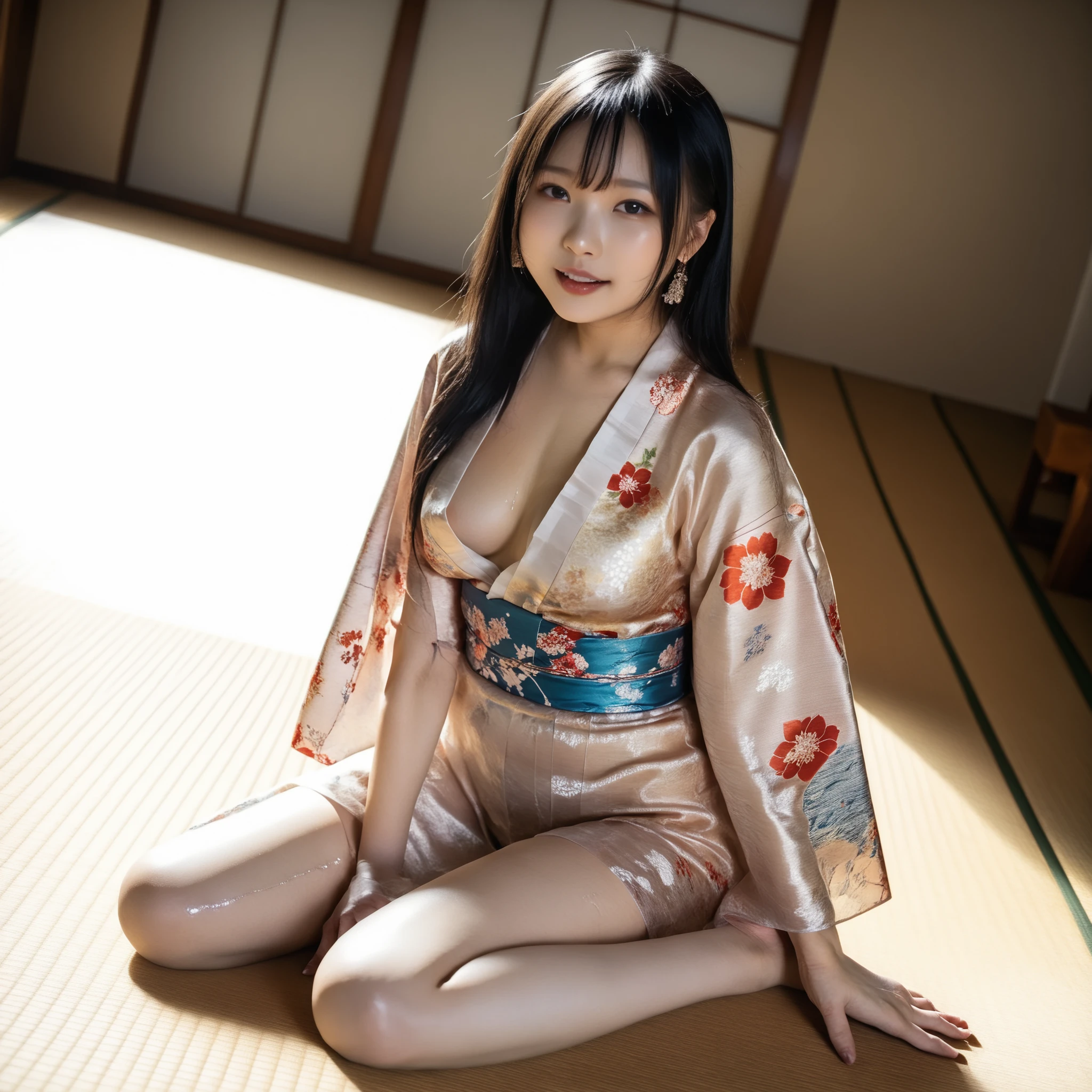 最High Quality 、High Quality 、 最high definition、high definition、8K quality、high image quality 、最High Quality、 masterpiece 、immersive video、 very realistic images of the floor at night 、Realistic Paintings、 perfect details 、 from out of view High contrast 、High Fidelity、 perfect pictures without blur、close to reality、 image faithfully reproduced down to the smallest detail、 EXQUISITE AND REALISTIC WEAPONS 、 Exquisite and realistic human skin 、 Realistic face in every detail、 Realistic eyes with attention to detail 、 realistic lips drawn with minimal detail 、 detailed and real teeth、Real Ears、 Realistic Hair 、((Japanese Model))、((gravure idol))、((Young face))、((black hair))、((medium rounded breasts))、((stylish body ))、(((Sweaty skin all over )))、((Wear a floral kimono made of transparent vinyl,Clear vinyl fits your skin perfectly))、((Wear a floral kimono made of transparent nylon,Clear nylon adheres perfectly to the skin))、((See your skin through a clear vinyl kimono))、((See your skin through a clear nylon kimono))、((Traditional Japanese room))、(((Sexy side seat on tatami mat in a Japanese-style room )))、(((Full Body Footage from Head to Toe,)))、(((look at her from a random angle)))