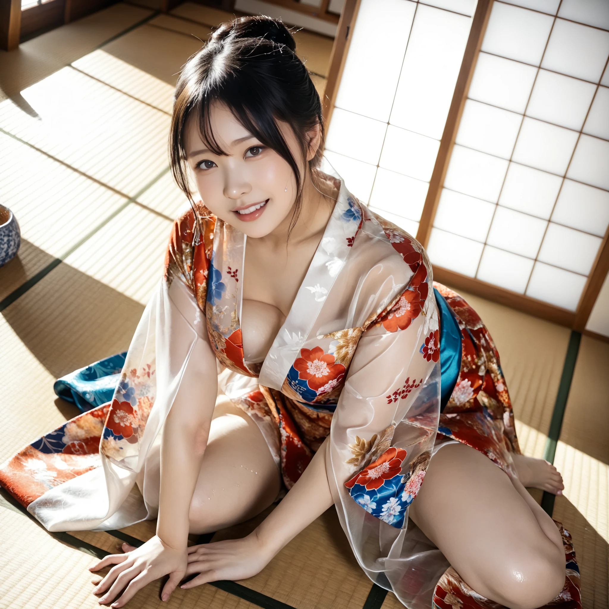 最High Quality 、High Quality 、 最high definition、high definition、8K quality、high image quality 、最High Quality、 masterpiece 、immersive video、 very realistic images of the floor at night 、Realistic Paintings、 perfect details 、 from out of view High contrast 、High Fidelity、 perfect pictures without blur、close to reality、 image faithfully reproduced down to the smallest detail、 EXQUISITE AND REALISTIC WEAPONS 、 Exquisite and realistic human skin 、 Realistic face in every detail、 Realistic eyes with attention to detail 、 realistic lips drawn with minimal detail 、 detailed and real teeth、Real Ears、 Realistic Hair 、((Japanese Model))、((gravure idol))、((Young face))、((black hair))、((medium rounded breasts))、((stylish body ))、(((Sweaty skin all over )))、((Wear a floral kimono made of transparent vinyl,Clear vinyl fits your skin perfectly))、((Wear a floral kimono made of transparent nylon,Clear nylon adheres perfectly to the skin))、((See your skin through a clear vinyl kimono))、((See your skin through a clear nylon kimono))、((Traditional Japanese room))、(((Sexy side seat on tatami mat in a Japanese-style room )))、(((Full Body Footage from Head to Toe,)))、(((look at her from a random angle)))