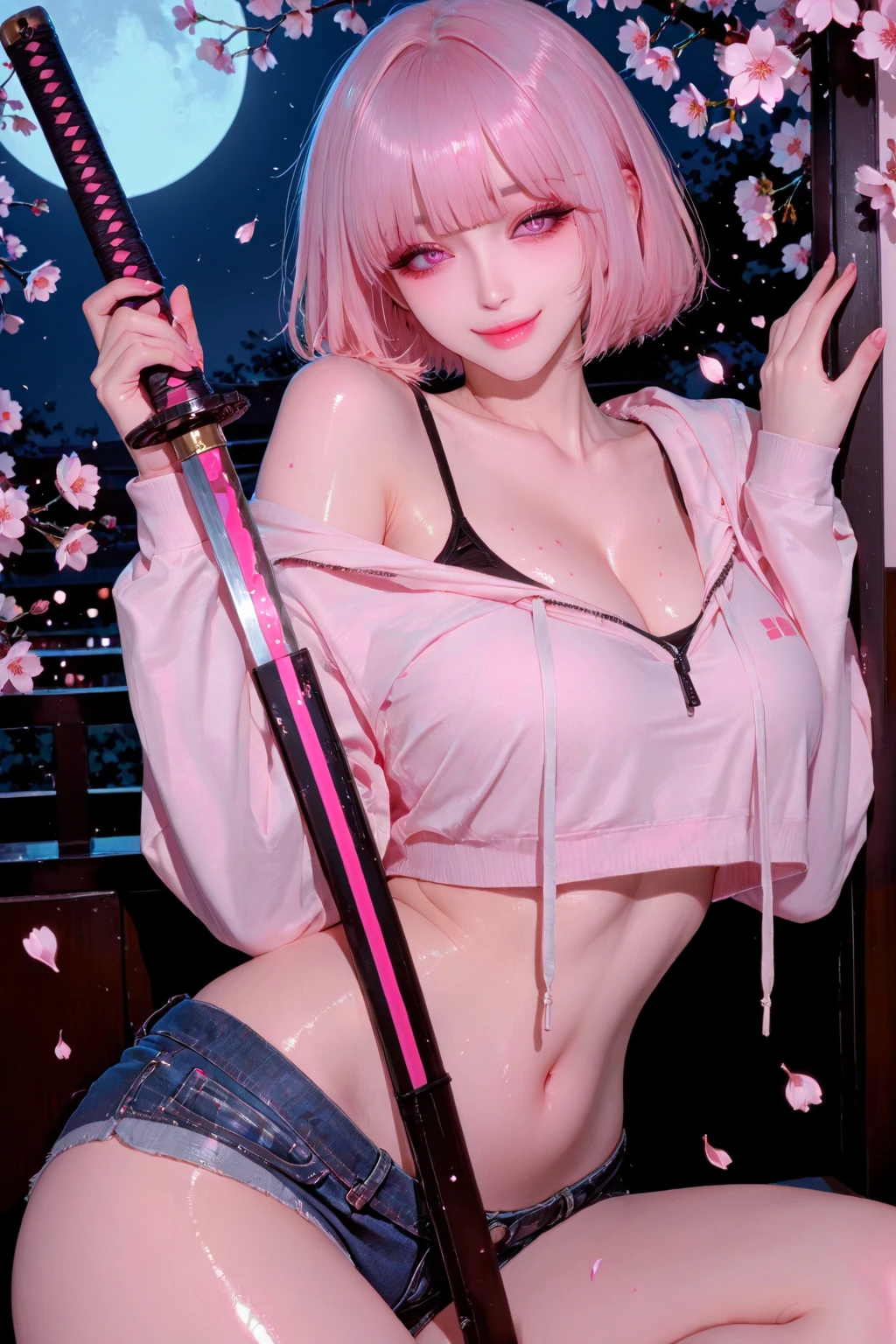 (Masterpiece, best quality, 1 girl, alone, complicated details, Chromatic aberration), realistic, ((Moderate breath)),long hair, pink hair, Red headpiece, Pink Highlights, hair on one eye,purple eyes, earring, sharp eyes, choker, Neon coat, She wears a collar, bangle, and kimono style garters., crop top, (symmetrical eyes),(Perfect symmetrical body),against the wall, Brick wall, (colorful graffiti words on the wall:1.2), The light is dim., alley ,Look at the viewer.、Dig the chest、smile、(sleeveless、Navel touch、Fitted turtleneck.)、street string hot pants、Thin bottom、Please build above the eaves..、Thin shoulders、Beautiful Thai-Melanesian woman, (16 years old), pretty face, red lips,
BREAK,
Athletic feminine body, Female fitness model body, Hard toned feminine body, (muscles: 1.2), (beautiful navel),
BREAK,
Mixed martial arts, Kung fu fighter, Japanese idol,
BREAK,
(wearing cute kimono: 1.3), Red high heels, necklace, earrings, short length,
BREAK,
Short hair, (Bob hair), (Bangs: 1.2), (Rainbow hair), (Wavy hair),
BREAK,
(Holding a very large sword in hand, Holding a sword handle in hand, Standing with a very large sword, Raising a very large sword: 1.4), (Samurai in a fighting stance),
BREAK,
(Large tattoos all over body, Japanese tattoos on 80% of the body: 1.4),
BREAK,
Masterpiece, Perfect lighting, Ultra high resolution, 8K, (Highly detailed: 1.4), From the front, looking at the camera, melancholy expression,
BREAK,
(Tokyo city, many people in the background), Tokyo city background,