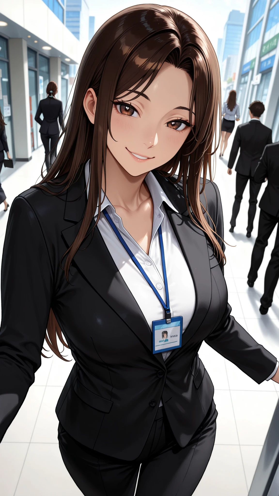 1Human Woman, , long hair, side parted bangs, brown hair, brown eyes, Smile Yang, office lady(black suit), walk, An office district you can go to, solo, masterpiece, depth of field, very beautiful depiction, Super Detailed, high quality, high resolution, and above in Hellfire, Maximum image quality, 8k,