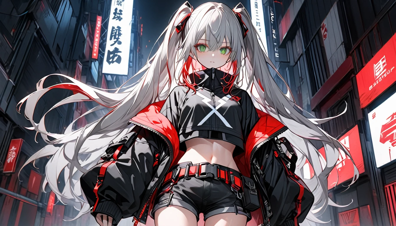 a woman with a gun on a city street, inspired by rossdraws, red waist-long hair, biomechanical oppai, | fine detail anime, red and cyan ink, alejandro burdiso style art, (neotokyo), g liulian art style, sexy :8, perfect android girl family