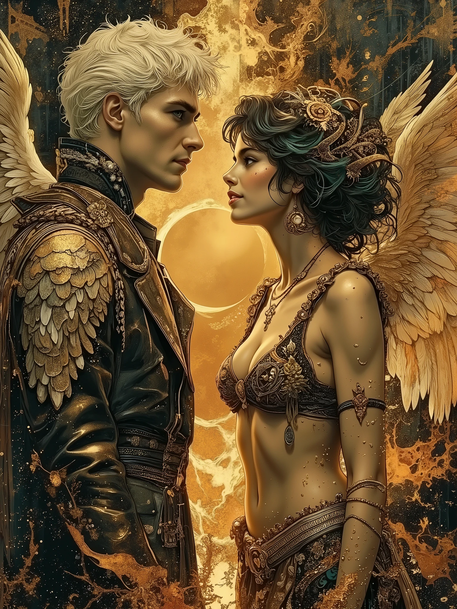 ,Hayley,,Hayley,(masterpiece),(Highest quality),(Super detailed),(Ultra-high resolution) , (Best illustrations), 32k, an ancient luxurious temple,dynamic lights, shiny, glitter
Done in a balanced and vivid impressionist style symbolizing harmony of opposites ((and the search for spiritual transcendence through practicing mindfulness of self and psychological clarity, or learning philosophical reason logic and truth, as well as coming to terms with the metaphysical laws of our existence.))
A captivating portrait shows an angel and a demon in staring at each other and enraptured. On the left appearing 40, a handsome aquiline looking man with short stylish white hair and a wry expression wears a dark, fancy high-collared coat and other expensive but tasteful accoutrements. He has silver and white feathered wings and a faint glowing halo, symbolizing his angelic nature. On the right is a smiling half black woman with dimpled cheeks, with brown caramel skin and shoulder length curly brown hair with green blue highlights, wearing a roguish grin and dressed in an eclectic blend ((of street, grunge, secondhand and 1st hand designer finery and God only knows, each piece used to highlight her sensual, seductive nature)) that somehow matches in some bizarre way. Small perky breasts, thick thighs, long legs, raven wings, with flames rising behind her, figures are facing each other, their intense gazes creating a powerful contrast between light and darkness and a shocking truth, they long to touch one another and their look is full of love. Massive energies whirl around these 2 and an eclipse of the Sun heralds their union with a foreboding air. Done in a balanced and vivid impressionist style symbolizing harmony of opposites ((and the search for spiritual transcendence through practicing mindfulness of self and psychological clarity, or learning philosophical reason logic and truth, as well as coming to terms with the metaphysical laws of our existence, to reach the true source.