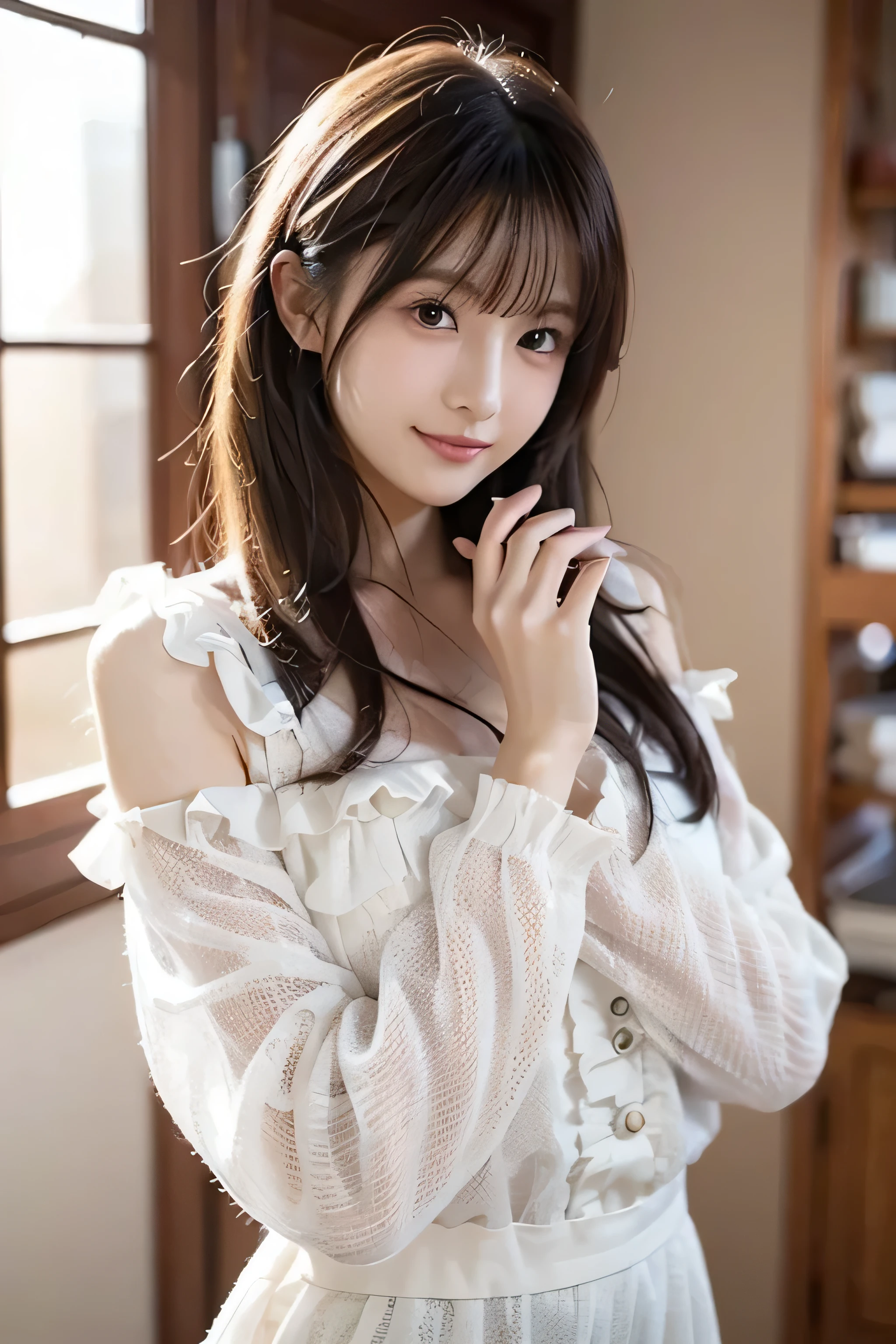 with bangs and half up,Japanese model with light brown hair wearing a long sleeve dress made of modest off-white fabric, Calm Floral Pattern.Sleeves are voluminous、with ruffles on the shoulders and cuffs、Hands are held close to the chin、The background is plain, looking at camera、Detailed and beautiful eyes、natural smile、soft and gentle expression、natural expression